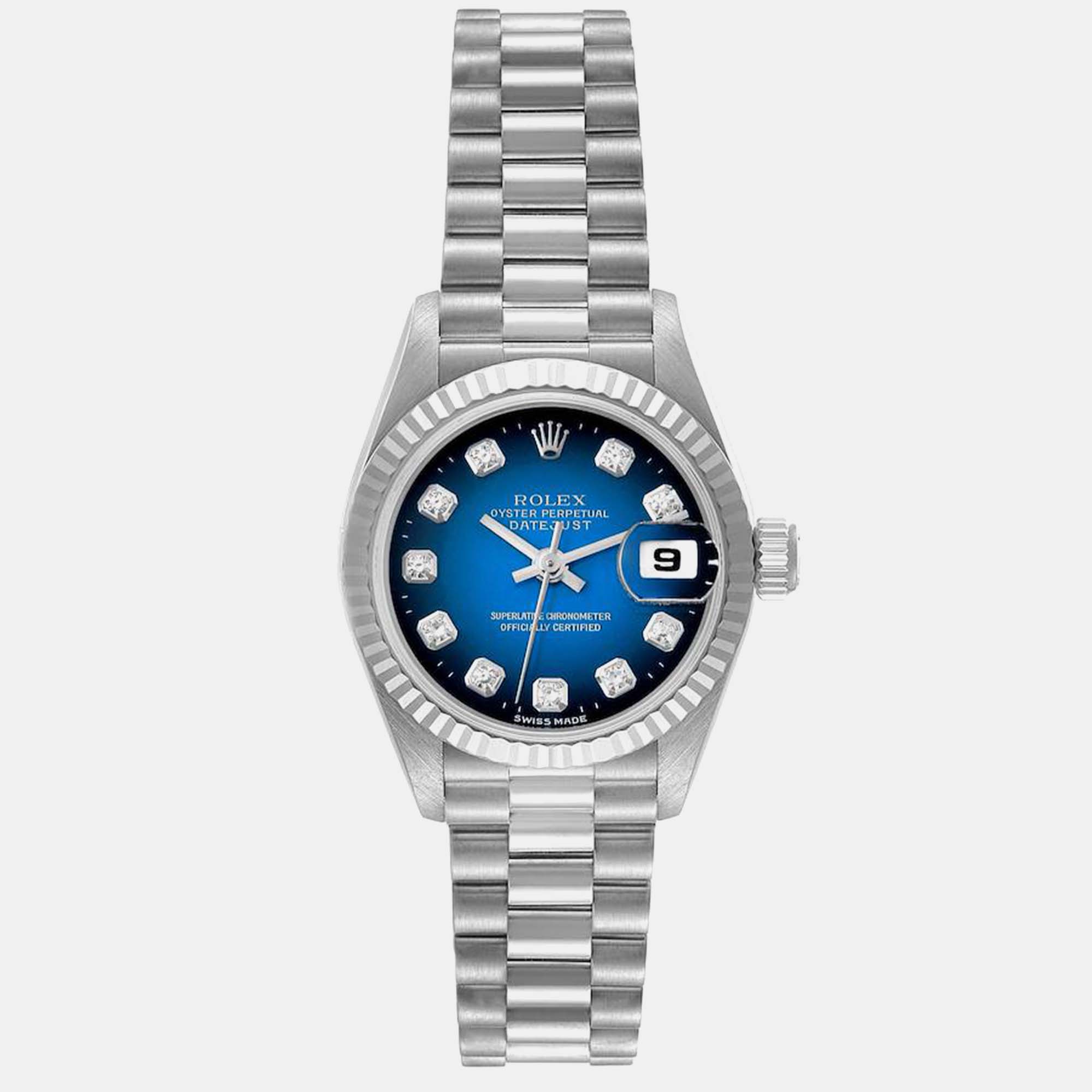 

Rolex President Datejust White Gold Vignette Diamond Dial Ladies Watch 26 mm, Blue