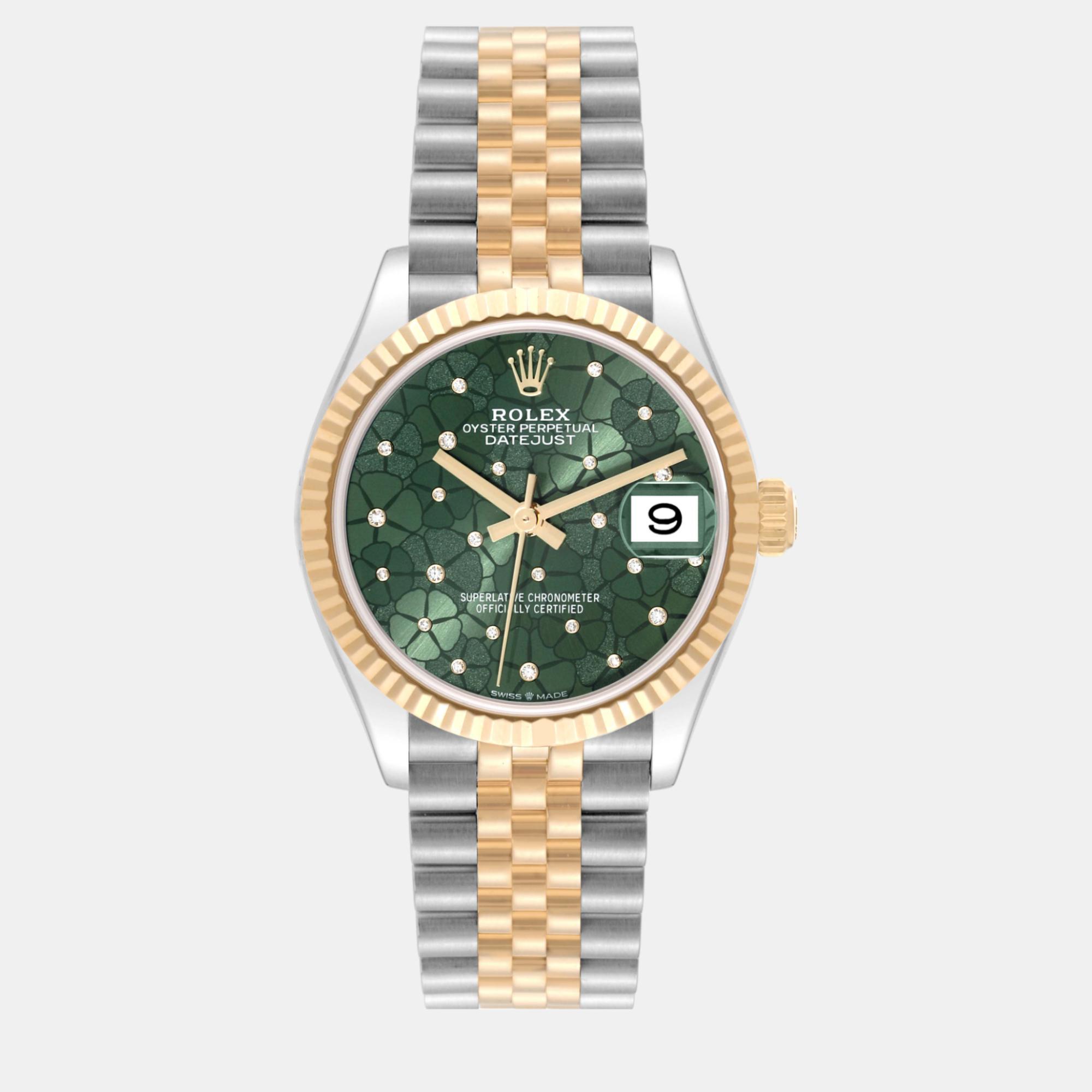 

Rolex Datejust Midsize Steel Yellow Gold Floral Diamond Dial Ladies Watch 31 mm, Green