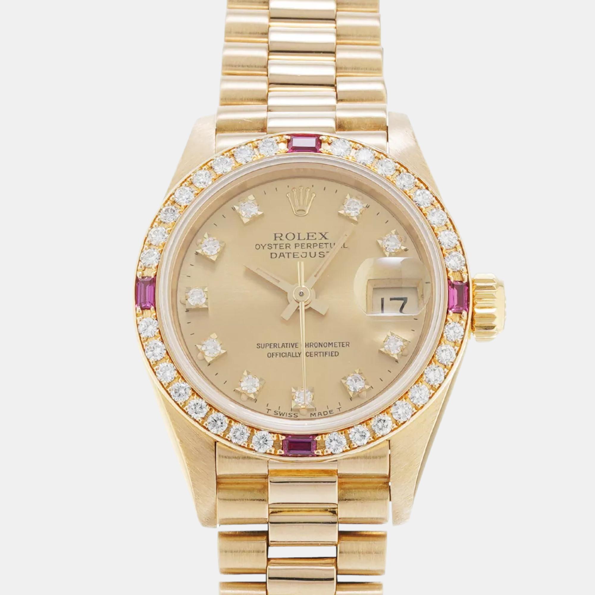 

Rolex Champagne 18k Yellow Gold Diamond Datejust 69068 Automatic Women's Wristwatch 26 mm