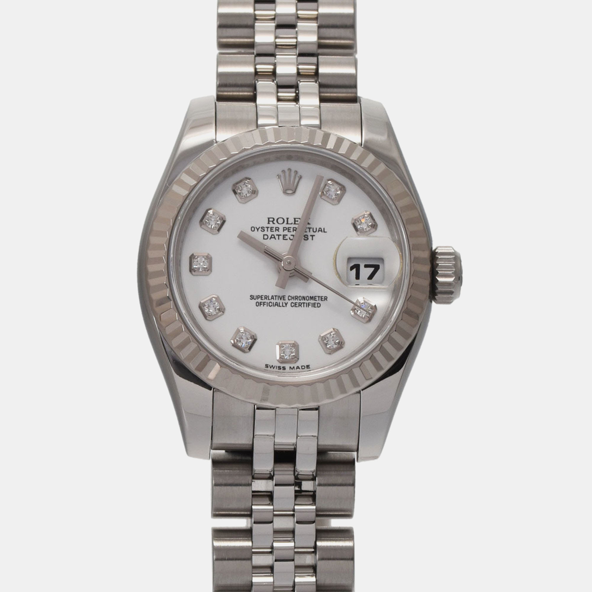 

Rolex White Stainless Steel Diamond Datejust 179174 Automatic Women's Wristwatch 26 mm