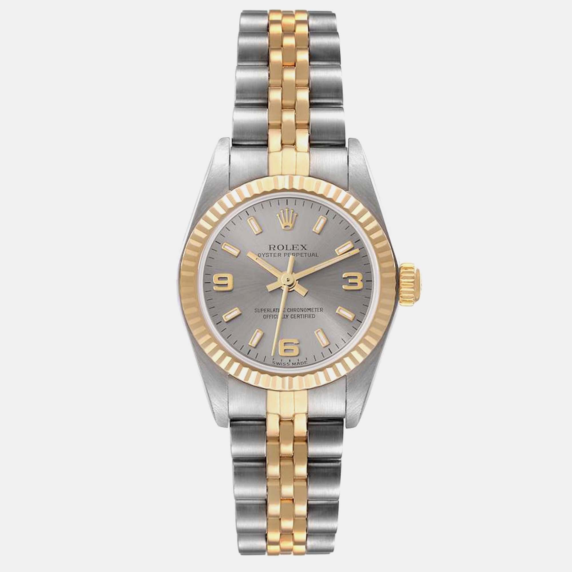 

Rolex Oyster Perpetual Slate Dial Steel Yellow Gold Ladies Watch 24 mm, Grey