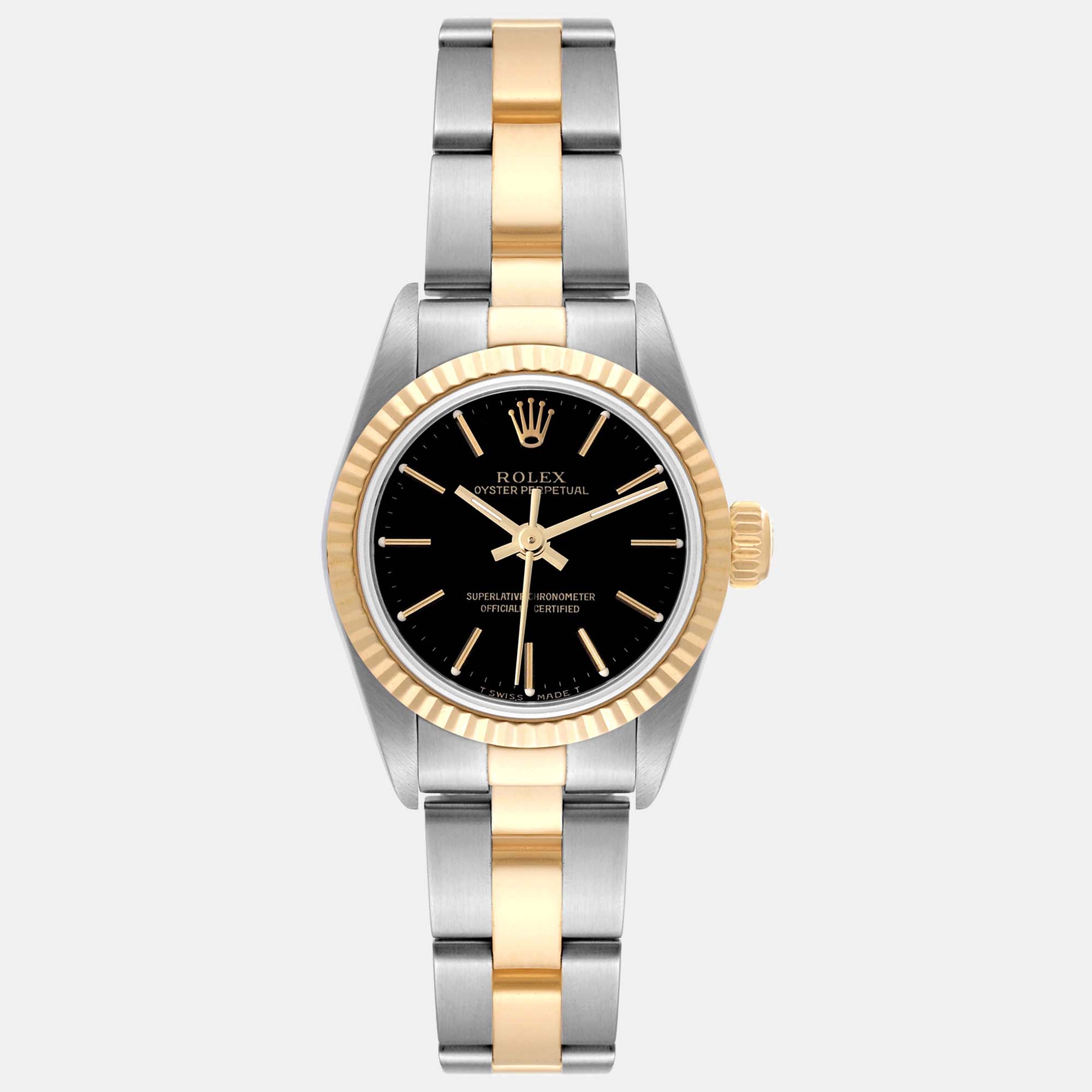 

Rolex Oyster Perpetual Steel Yellow Gold Black Dial Ladies Watch 67193 24 mm