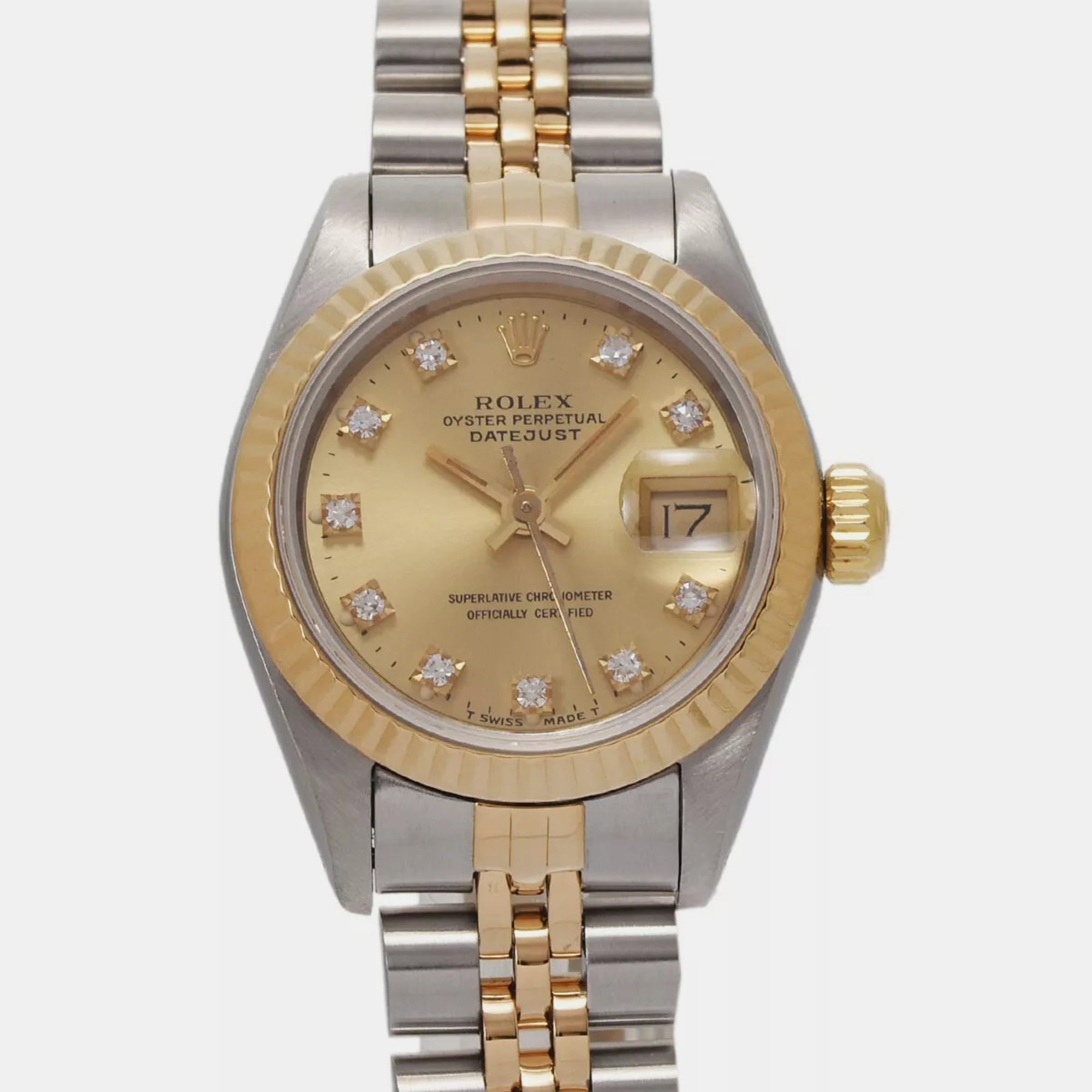 

Rolex Champagne Diamond 18k Yellow Gold Stainless Steel Datejust 69173 Automatic Women's Wristwatch 26 mm