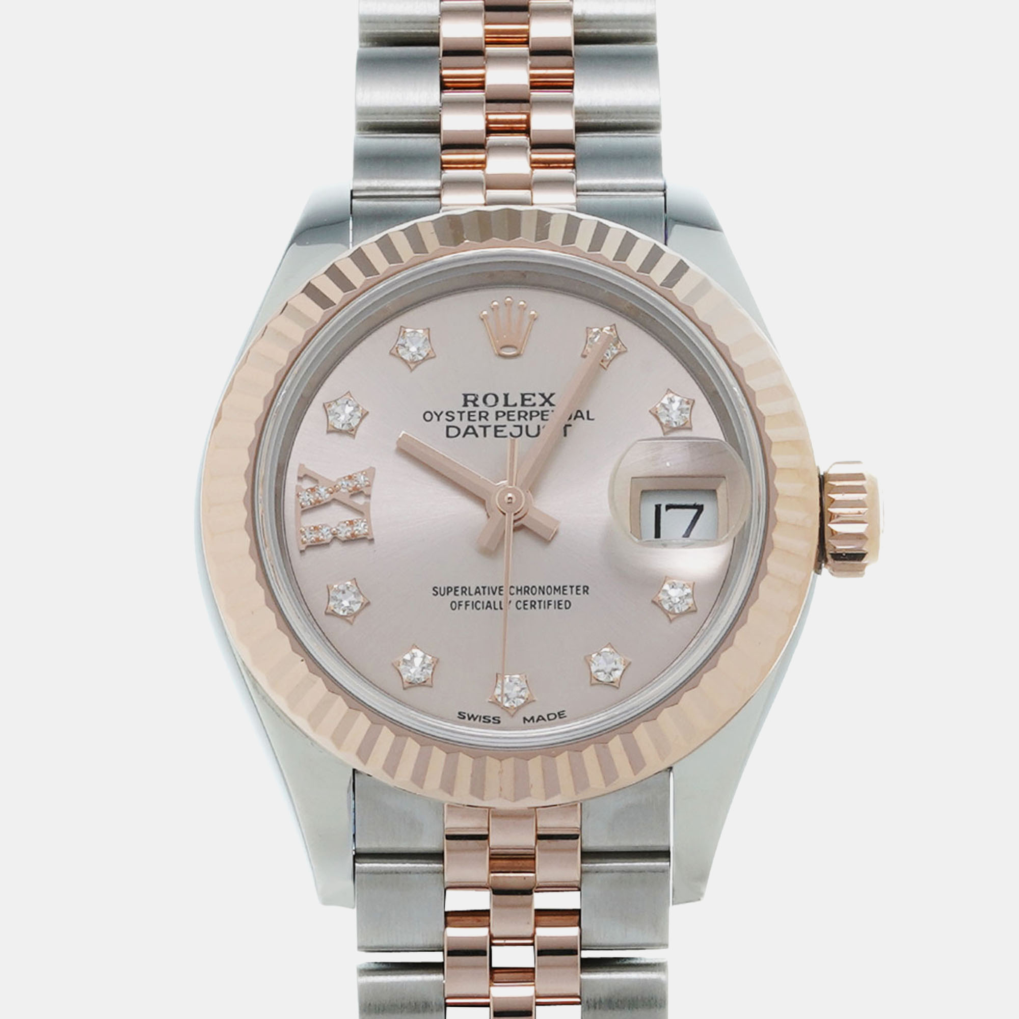 

Rolex Silver Diamond 18k Rose Gold Stainless Steel Datejust 279171 Automatic Women's Wristwatch 28 mm