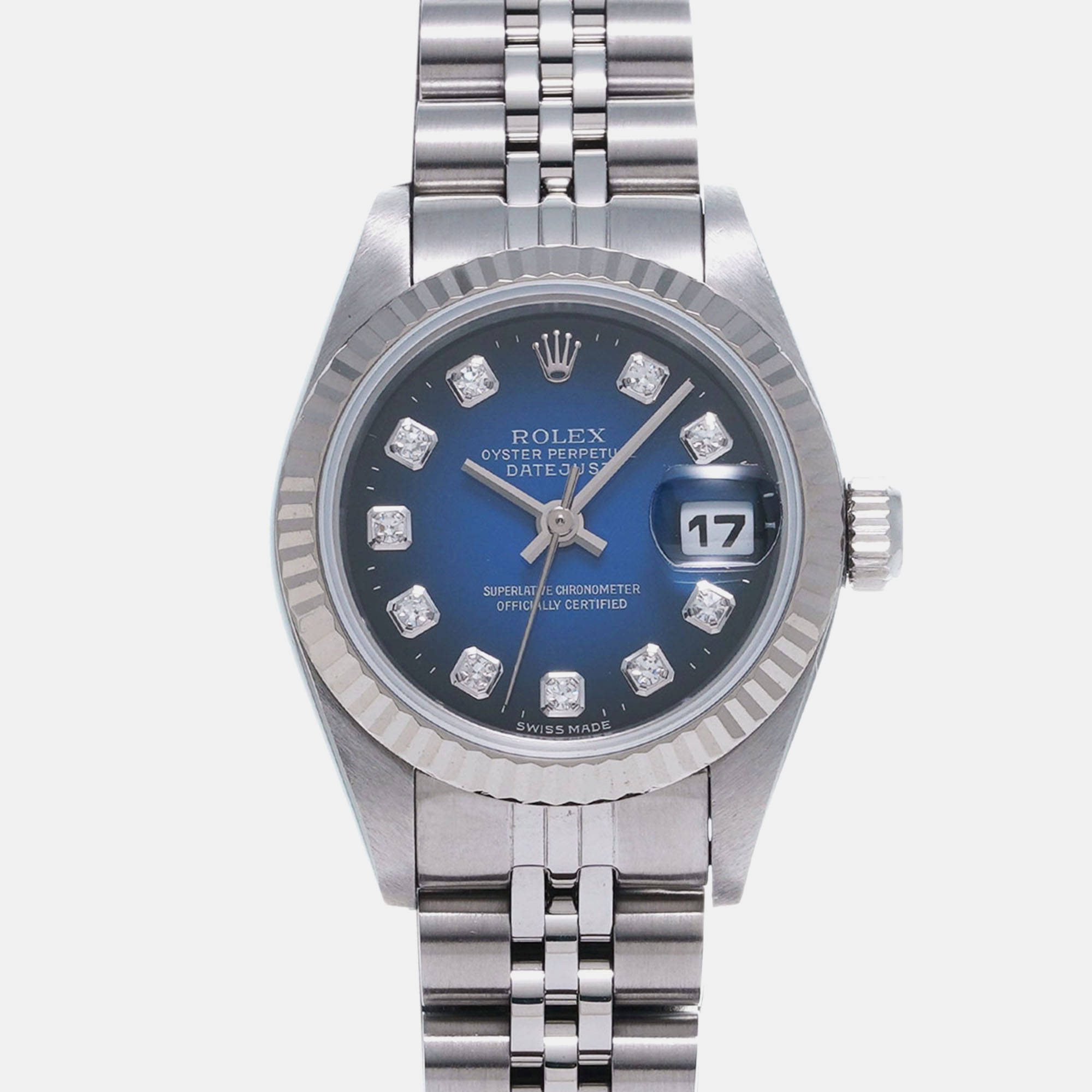 

Rolex Blue 18k White Gold Stainless Steel Diamond Datejust Automatic Women's Wristwatch 26 mm