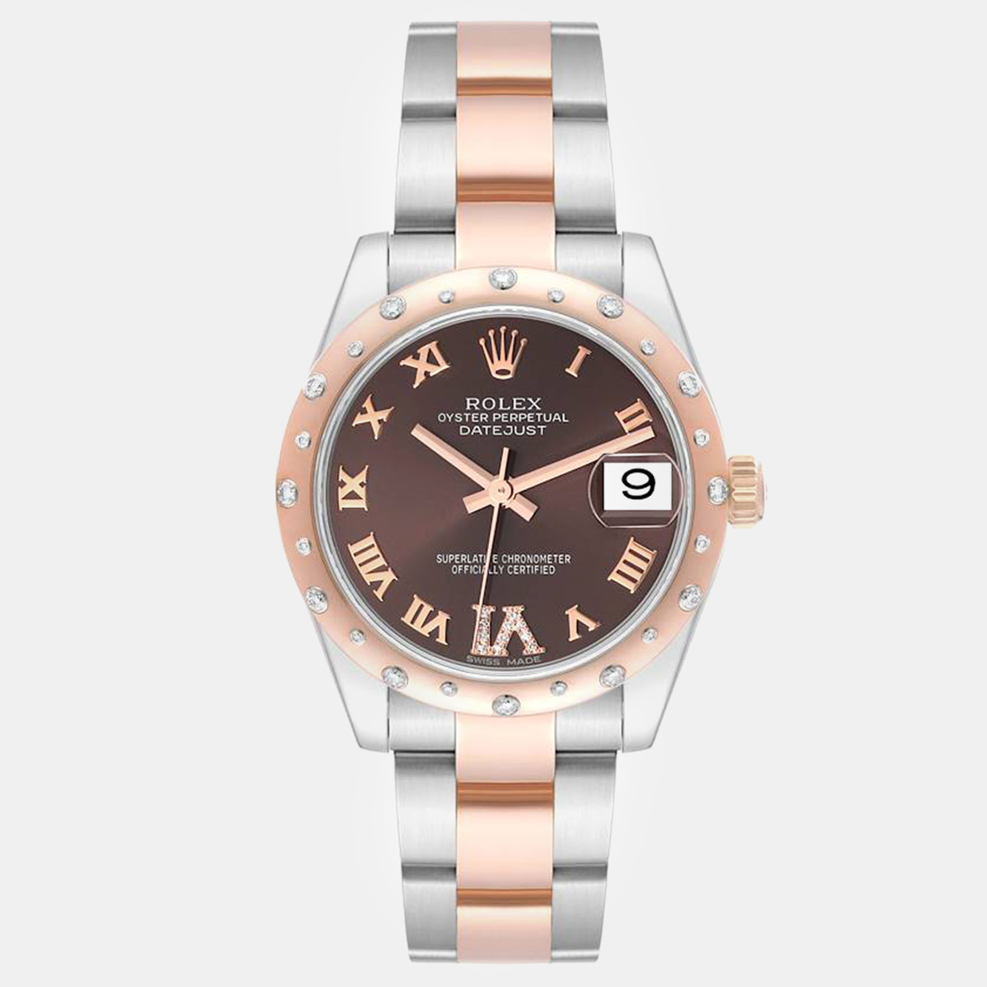 

Rolex Datejust Midsize Steel Rose Gold Diamond Ladies Watch 178341 31 mm, Brown