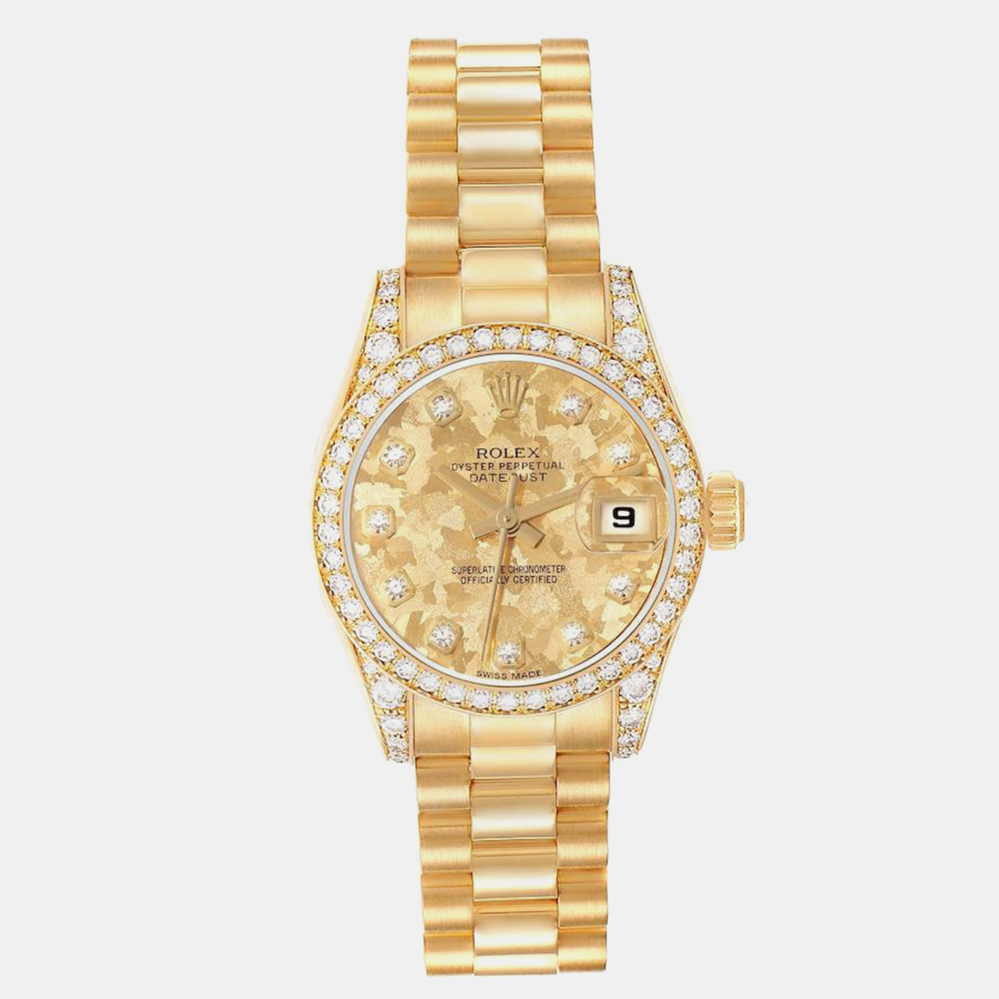 

Rolex President Datejust Yellow Gold Diamond Dial Bezel Lugs Ladies Watch 179158