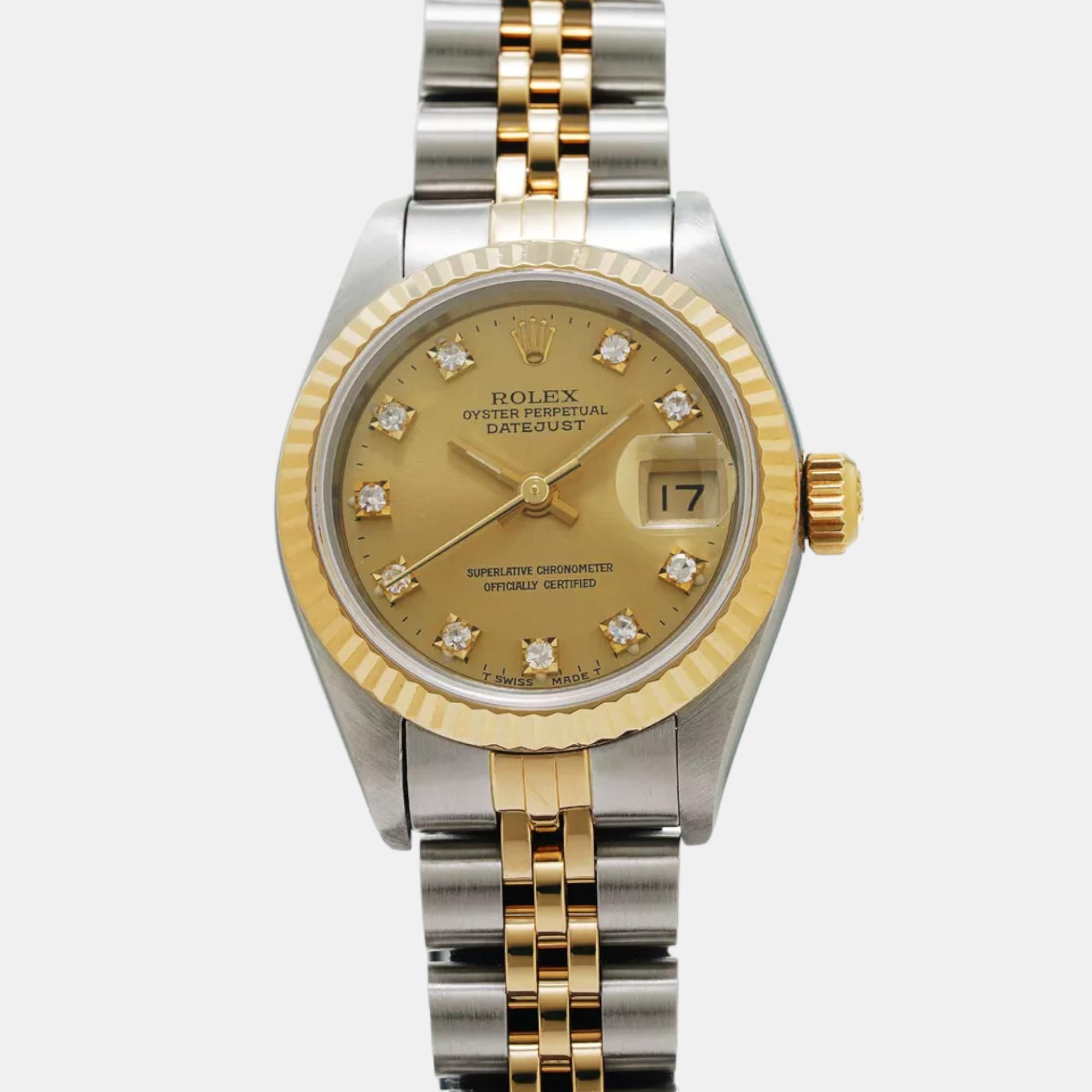 

Rolex Champagne Diamond 18k Yellow Gold Stainless Steel Datejust Automatic Women's Wristwatch 26 mm