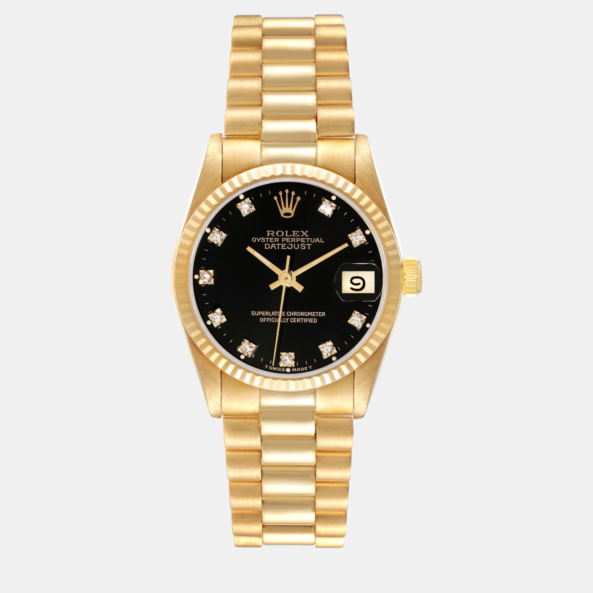 

Rolex President Midsize Yellow Gold Onyx Diamond Dial Ladies Watch 68278 31 mm, Black