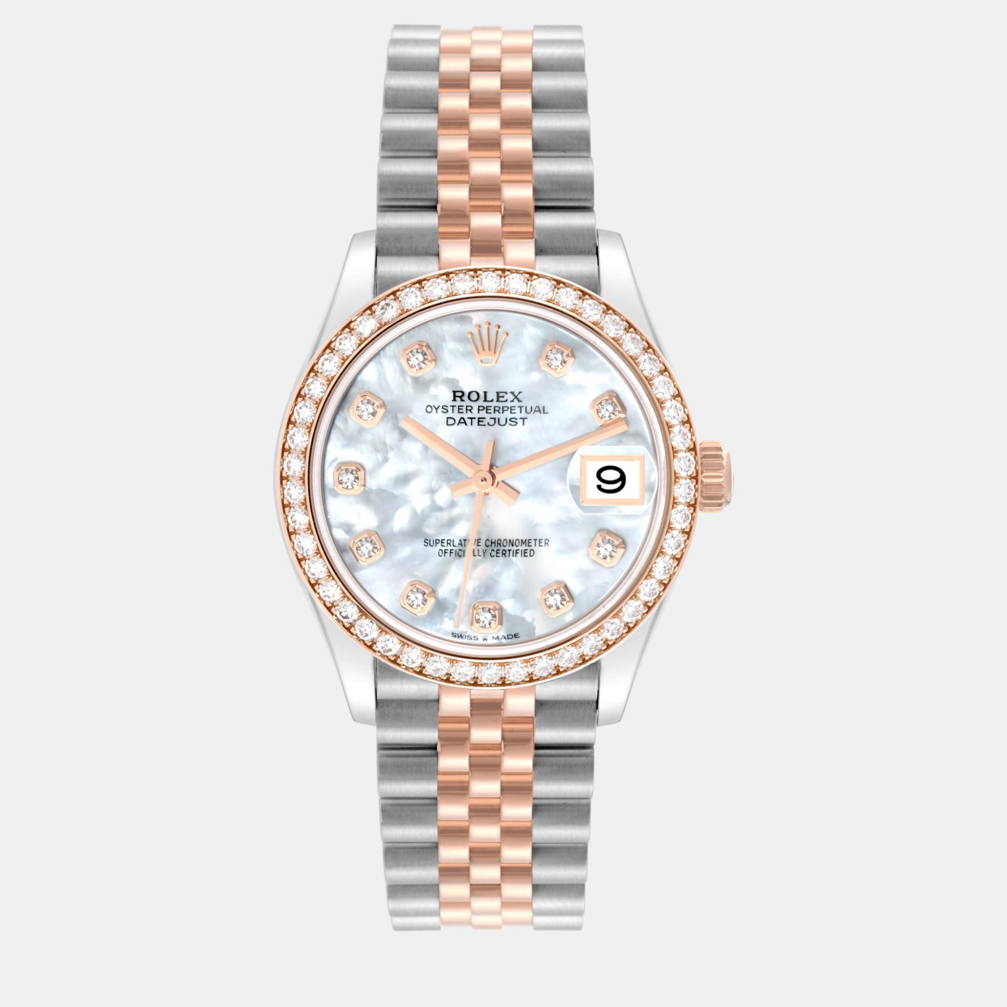 

Rolex Datejust Midsize Steel Rose Gold Mother of Pearl Diamond Dial Ladies Watch 278381 31 mm, Silver