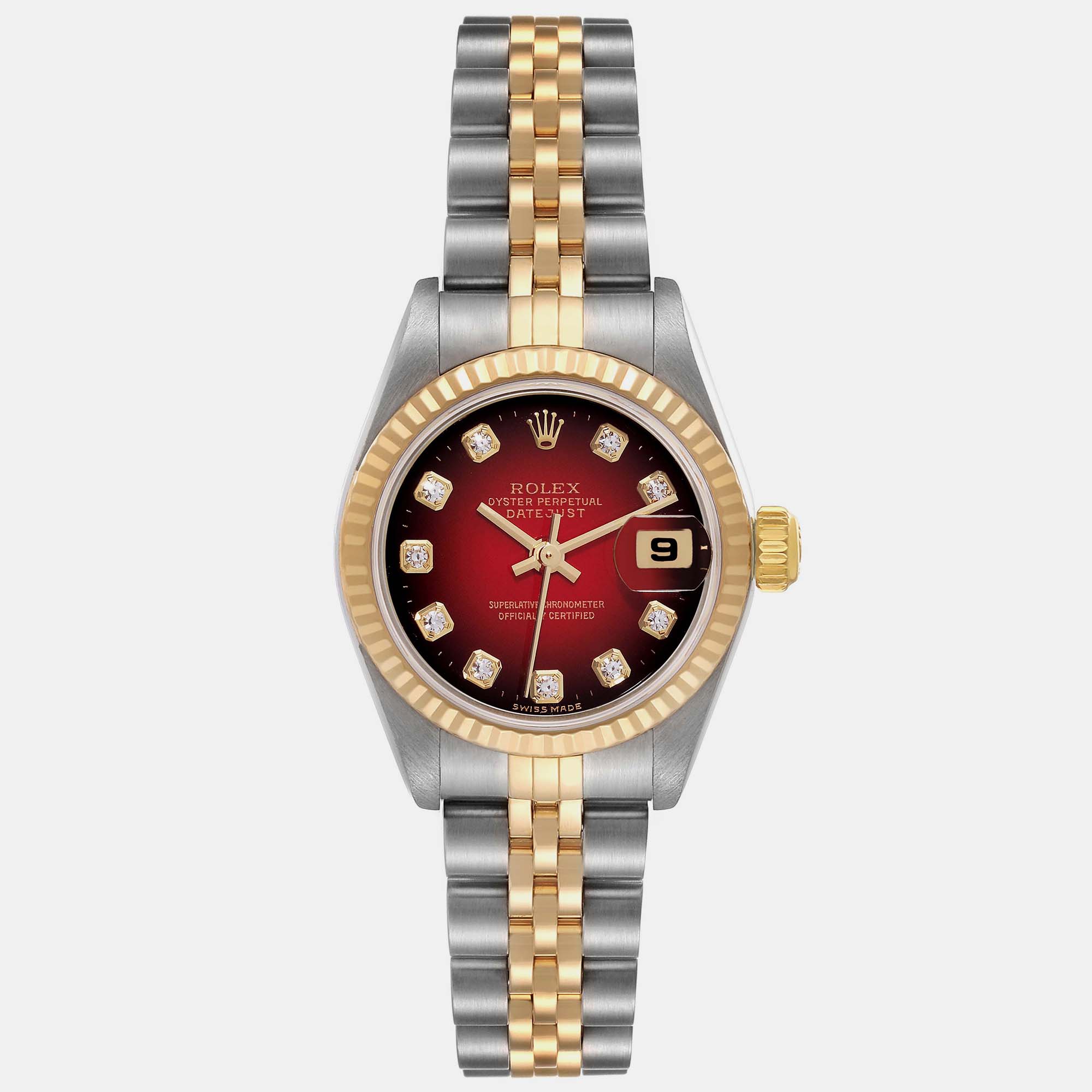 

Rolex Datejust Steel Yellow Gold Red Vignette Diamond Dial Ladies Watch 26.0 mm