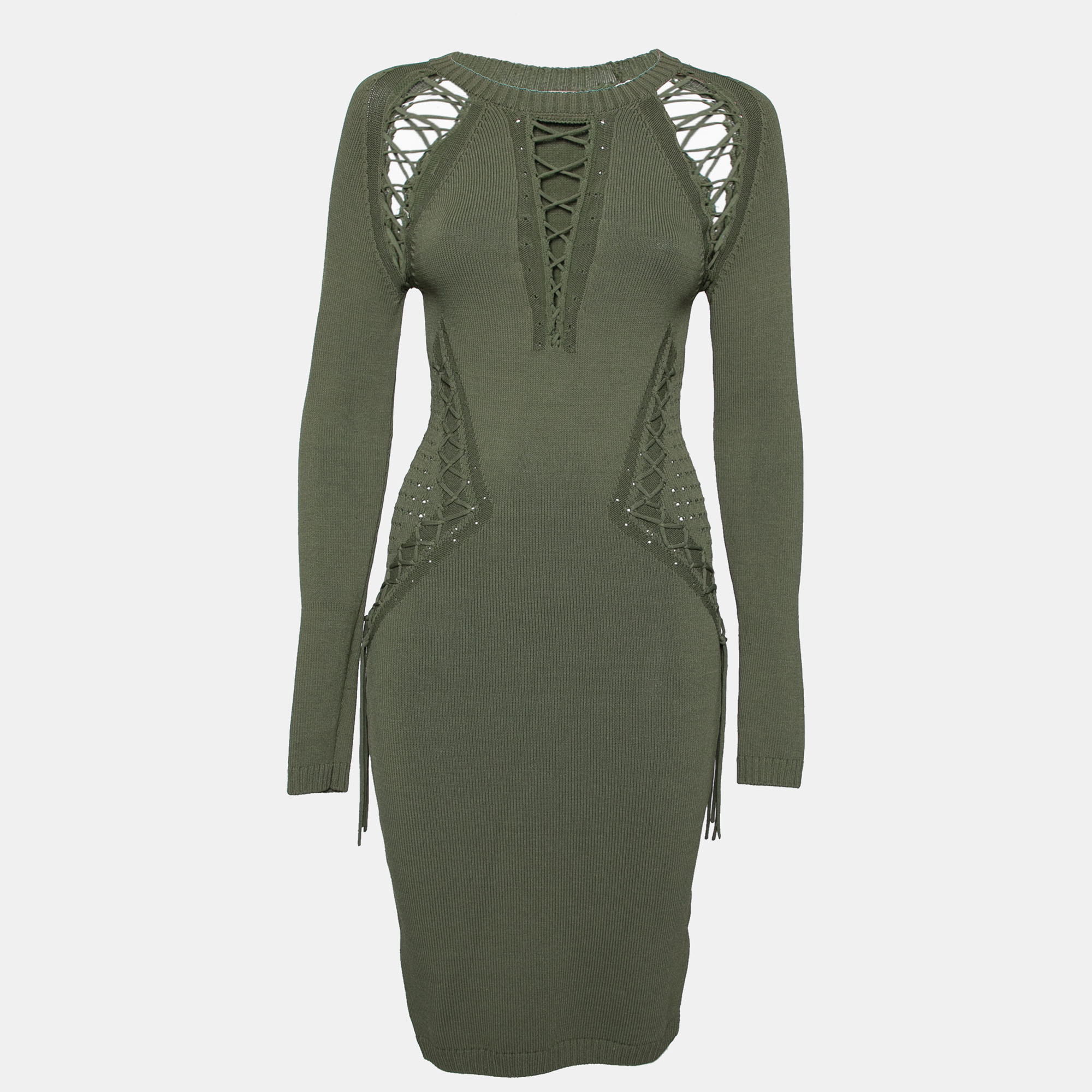 

Ronny Kobo Green Knitted Cut-Out Lace Up Detail Bodycon Dress M