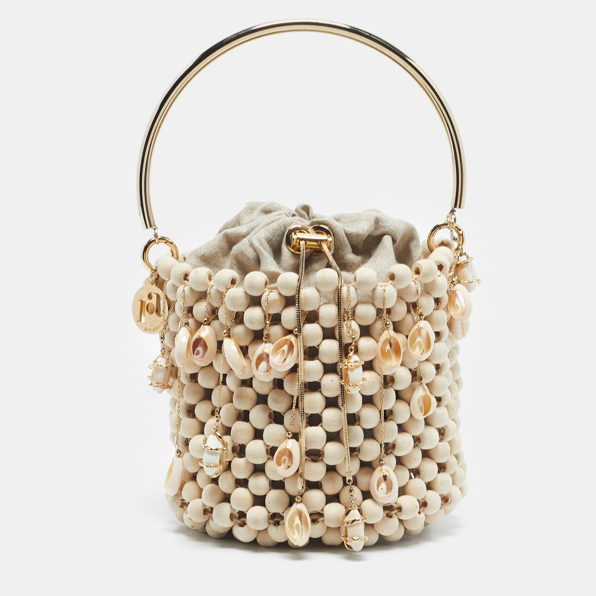

Rosantica Beige Beaded Wood Shell Embellished Pochette Bag