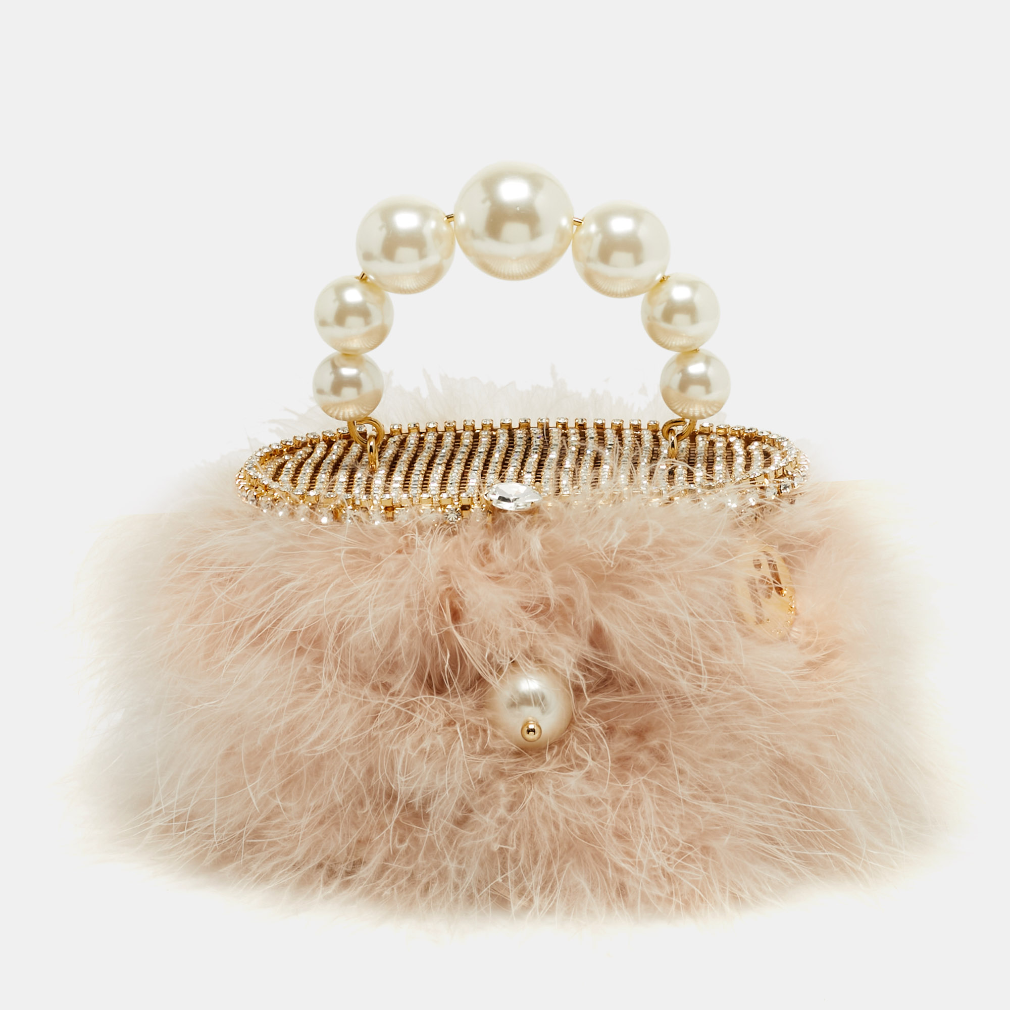

Rosantica Marabou Pink/Gold Tone Faux Pearl and Feather Top Handle Bag