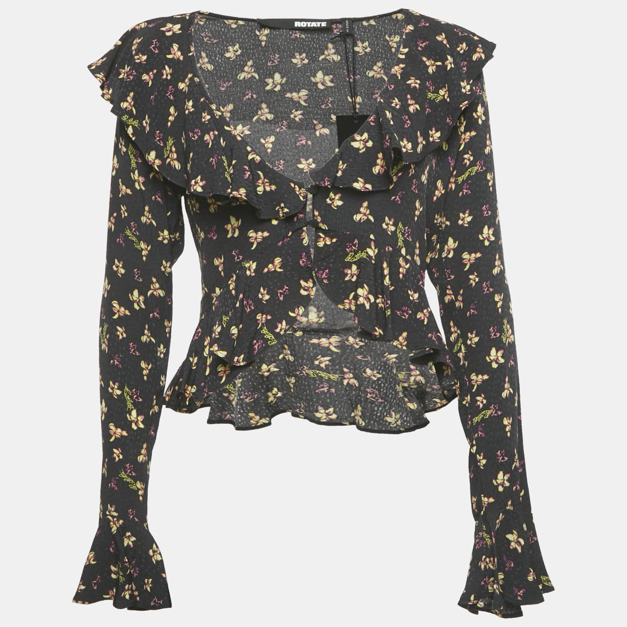 

ROTATE Birger Christensen Black Floral Crepe Frill Blouse S