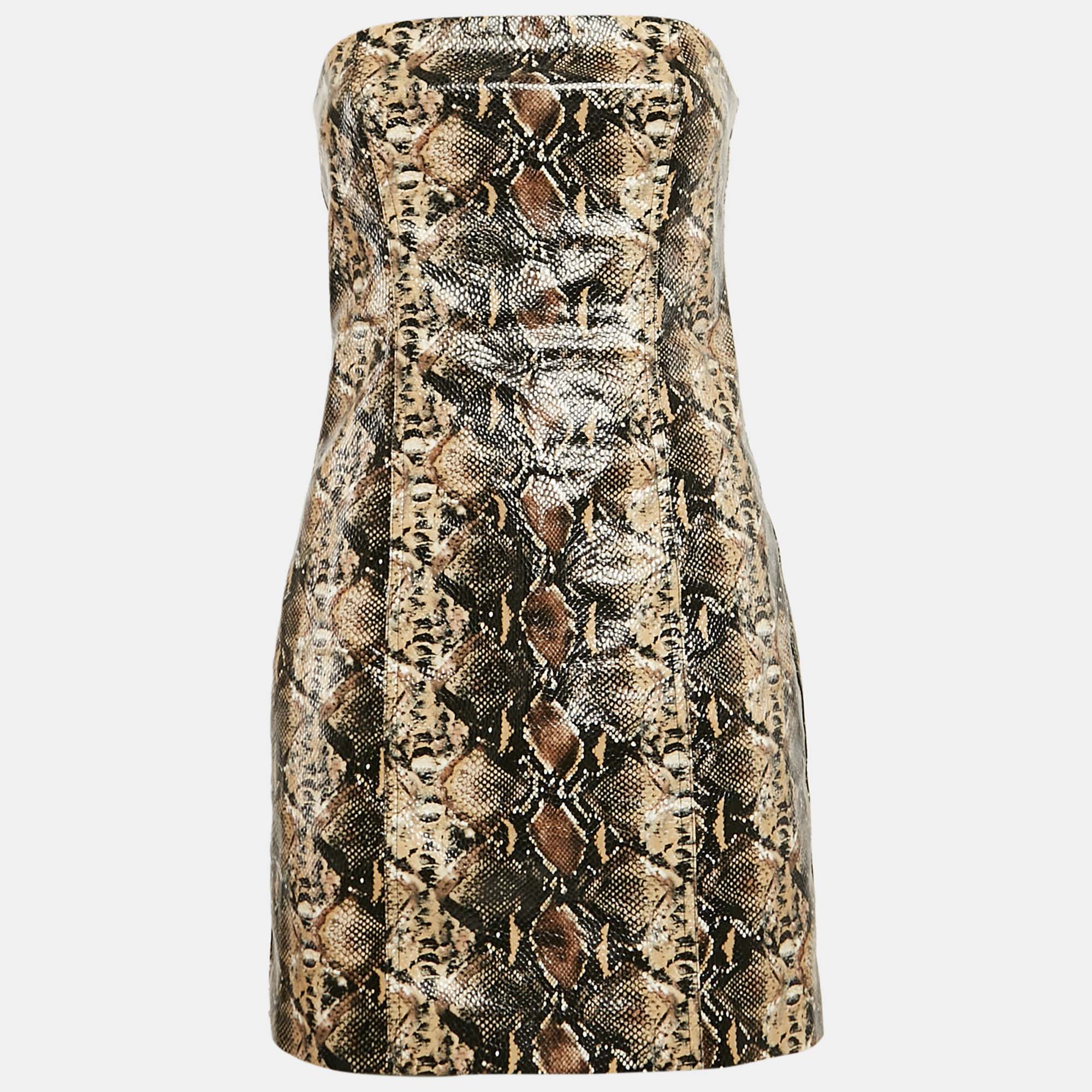 

Rotate Birger Christensen Brown Snake Skin Faux Leather Strapless Mini Dress M