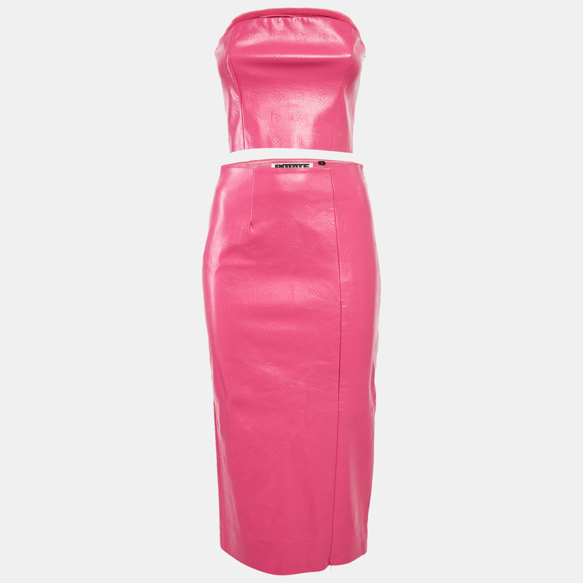 

Rotate Pink Logo Embossed Faux Leather Skirt and Strapless Top Set M