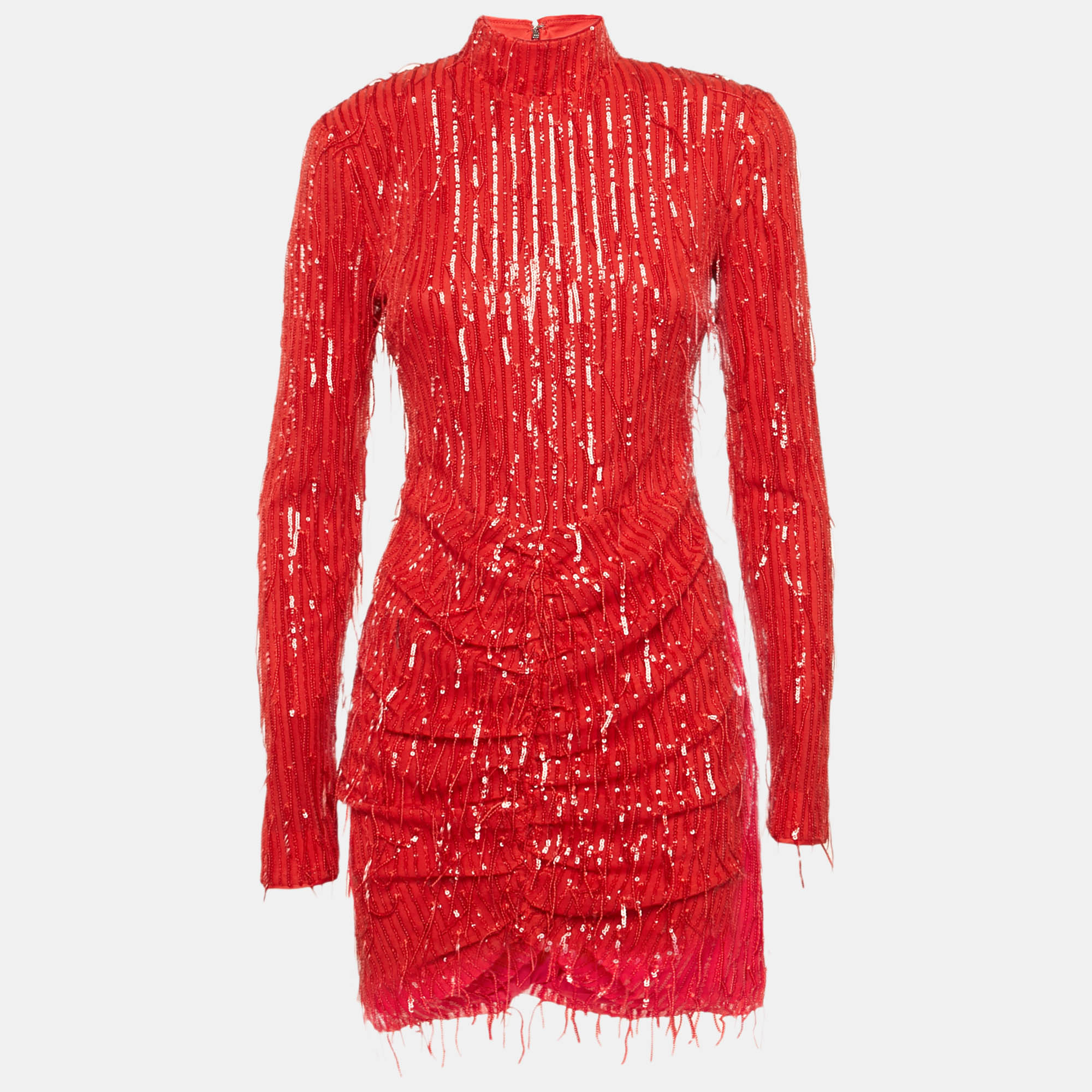 Pre-owned Rotate Birger Christensen Racing Red Sequin Tulle Fringed Mini Dress S