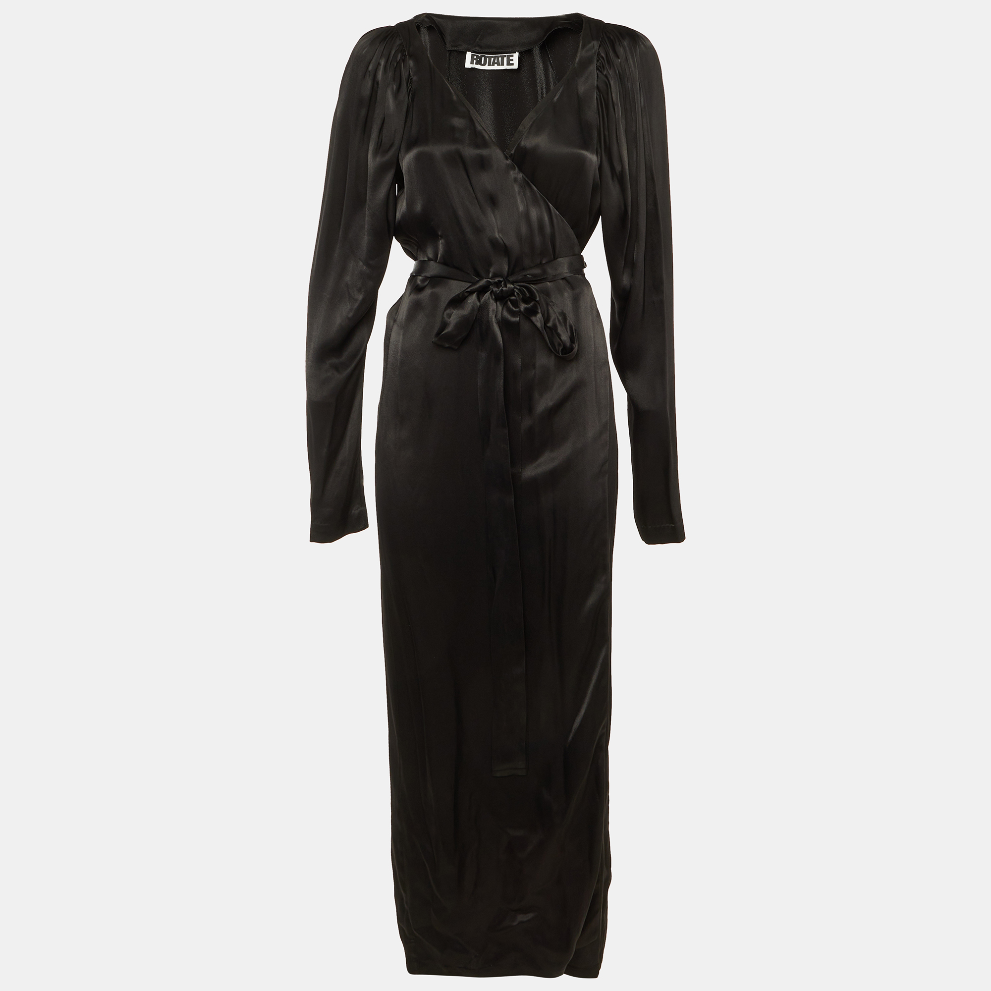 Pre-owned Rotate Birger Christensen Black Satin Wrap Around Maxi Dress M