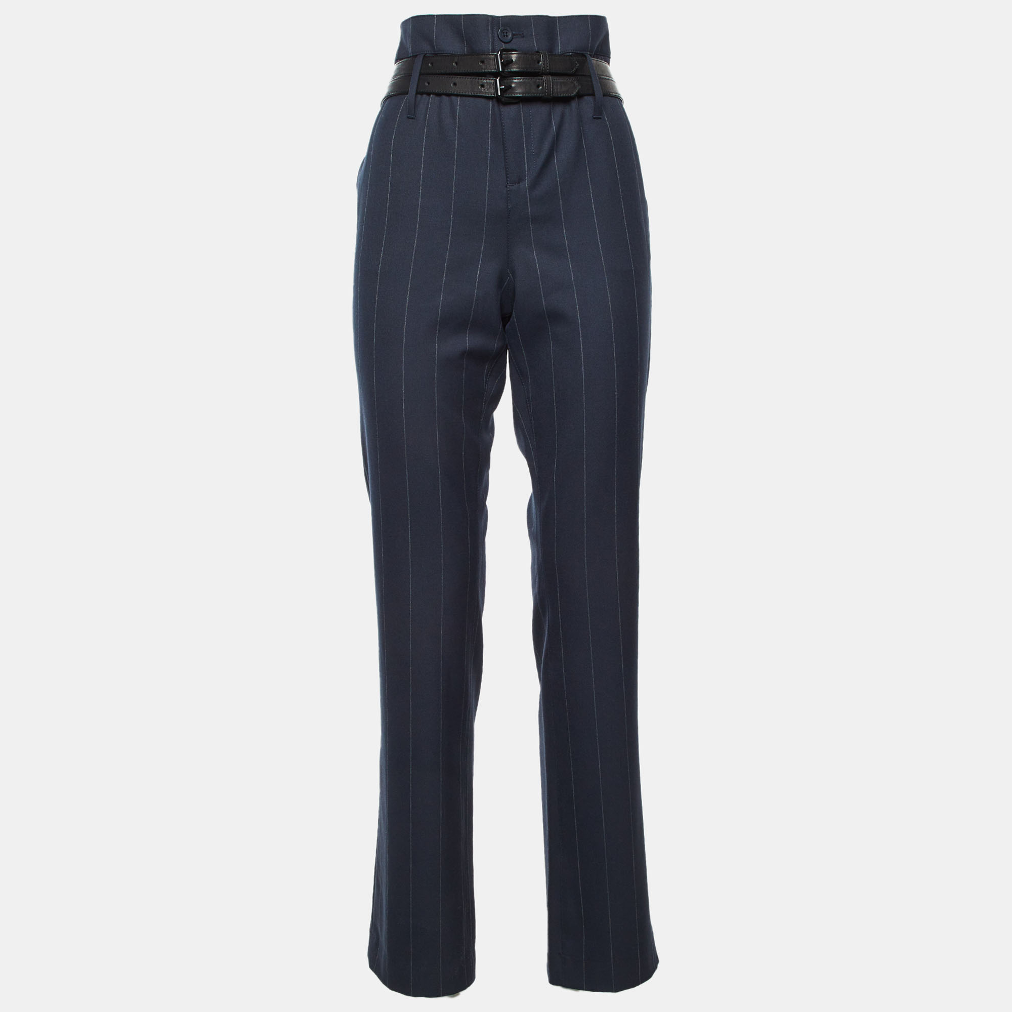 

RTA Navy Blue Pin Striped Gabardine Belt Details Trousers M