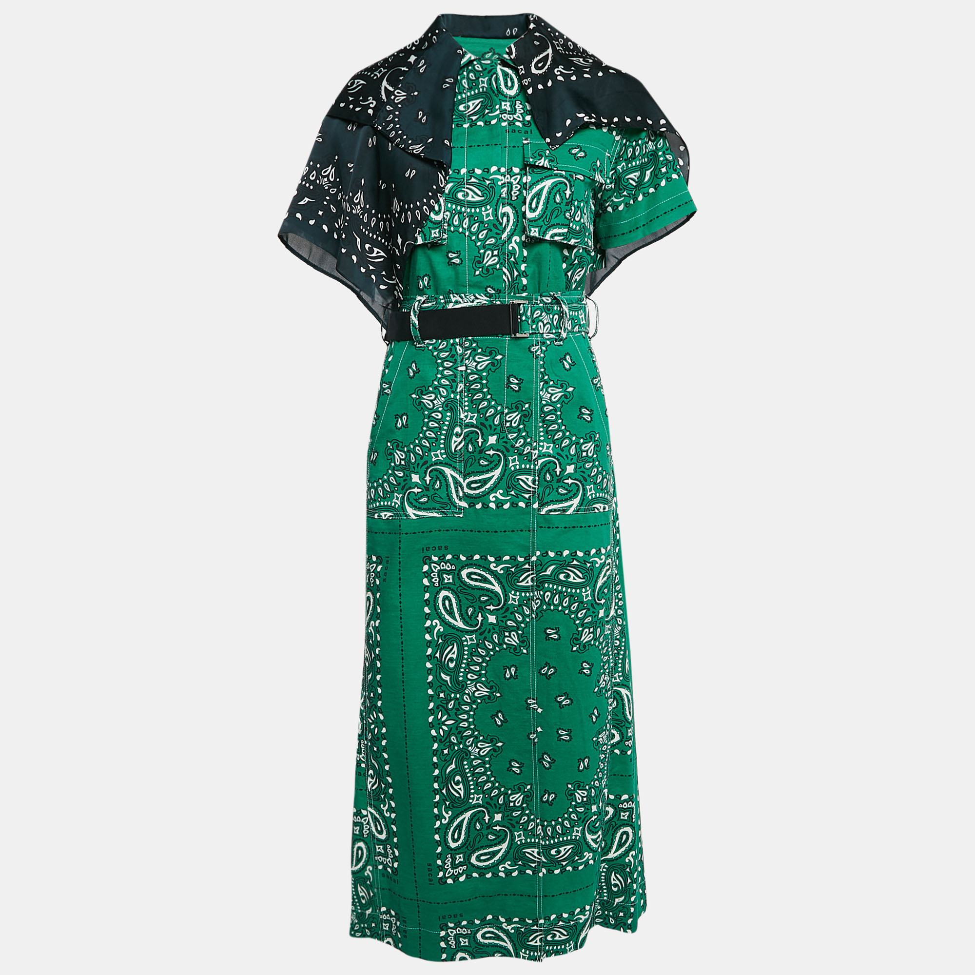 

Sacai Green Bandana Print Cotton Scarf Trim Open Back Midi Dress S