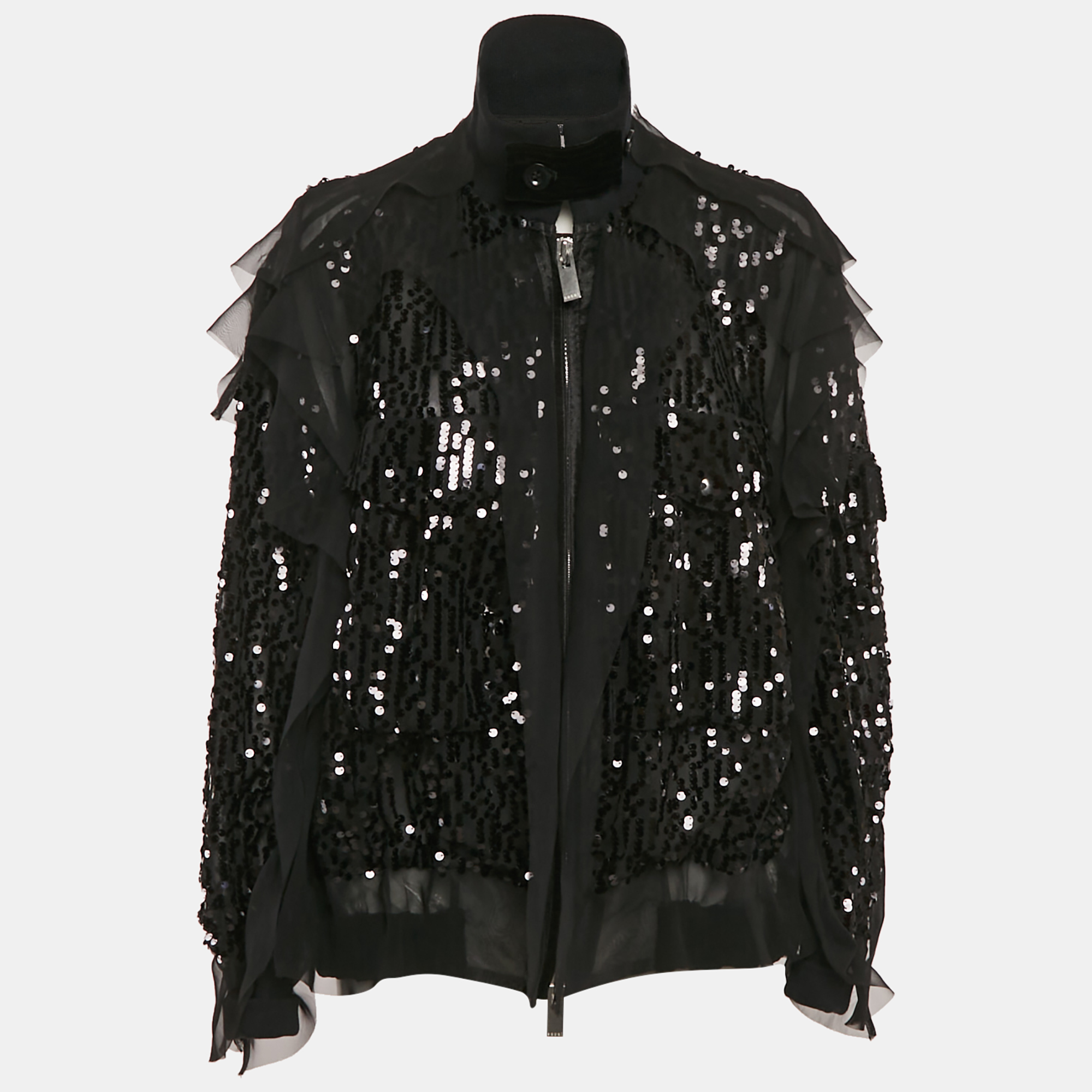 

Sacai Black Sequin Crepe Ruffled Zip-Up Bomber Jacket L