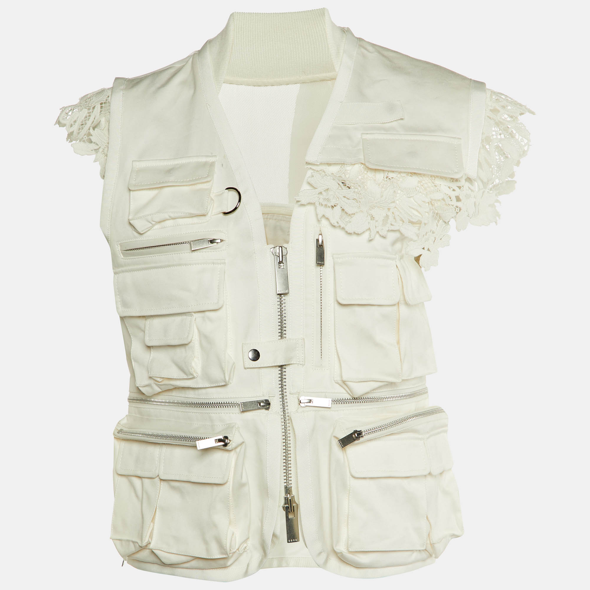

Sacai White Cotton & Lace Zipper Utility Vest M