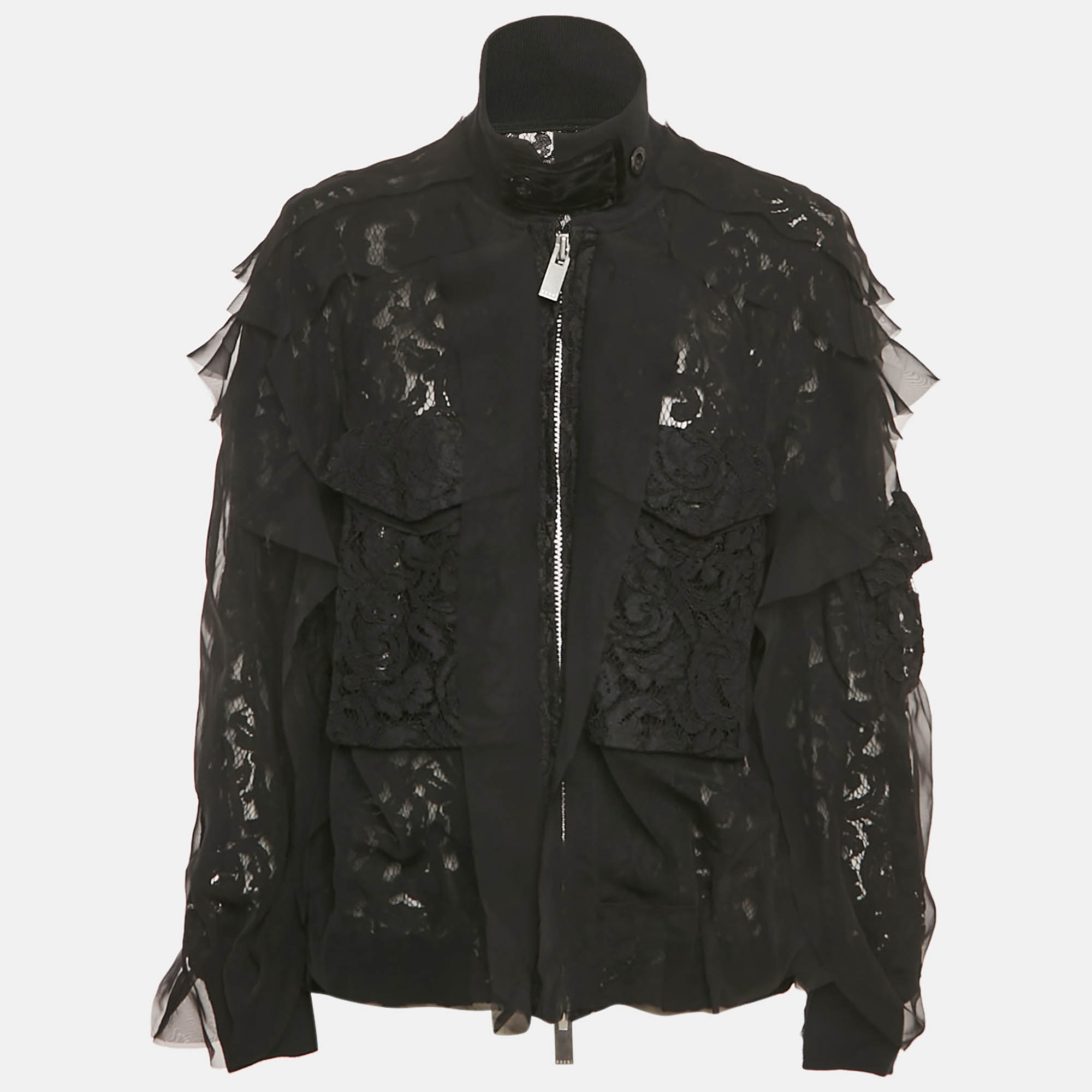 Pre-owned Sacai Black Lace Ruffle Detail Zip Up Jacket M