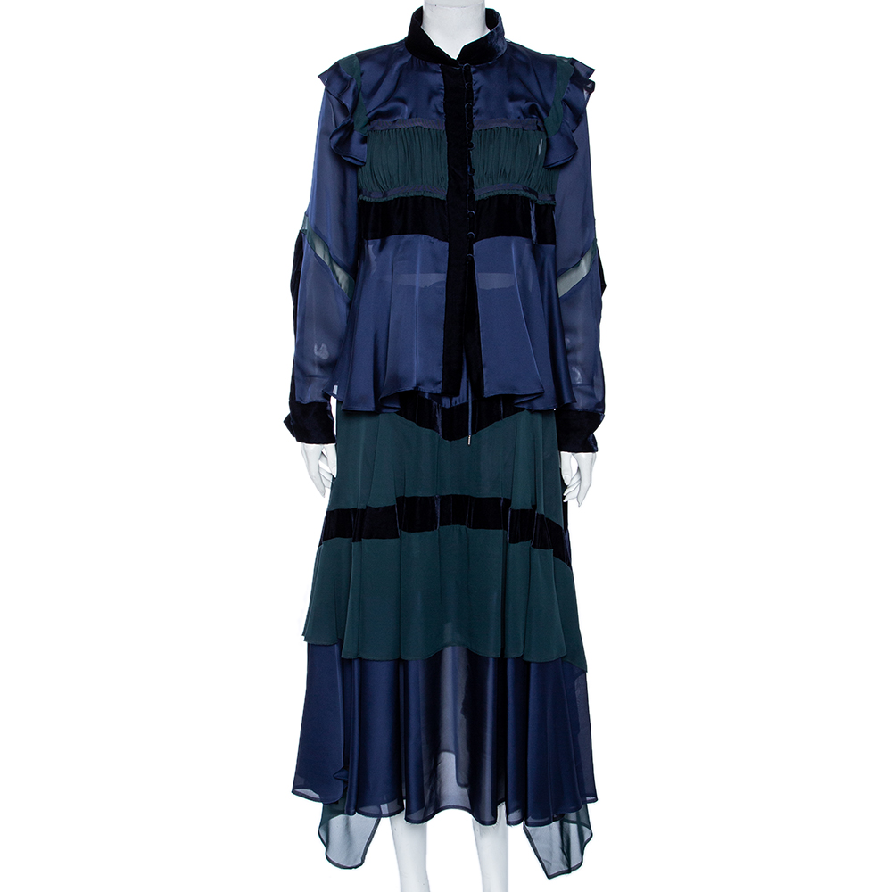 

Sacai Navy Blue Satin And Velvet Trimmed Button Front Blouse And Asymmetrical Layered Skirt /L