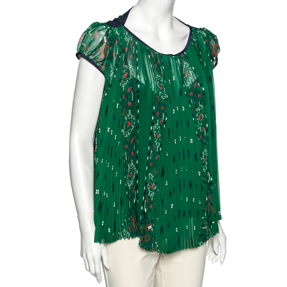 

Sacai Green Paisley Printed Chiffon Plisse Pleated Top