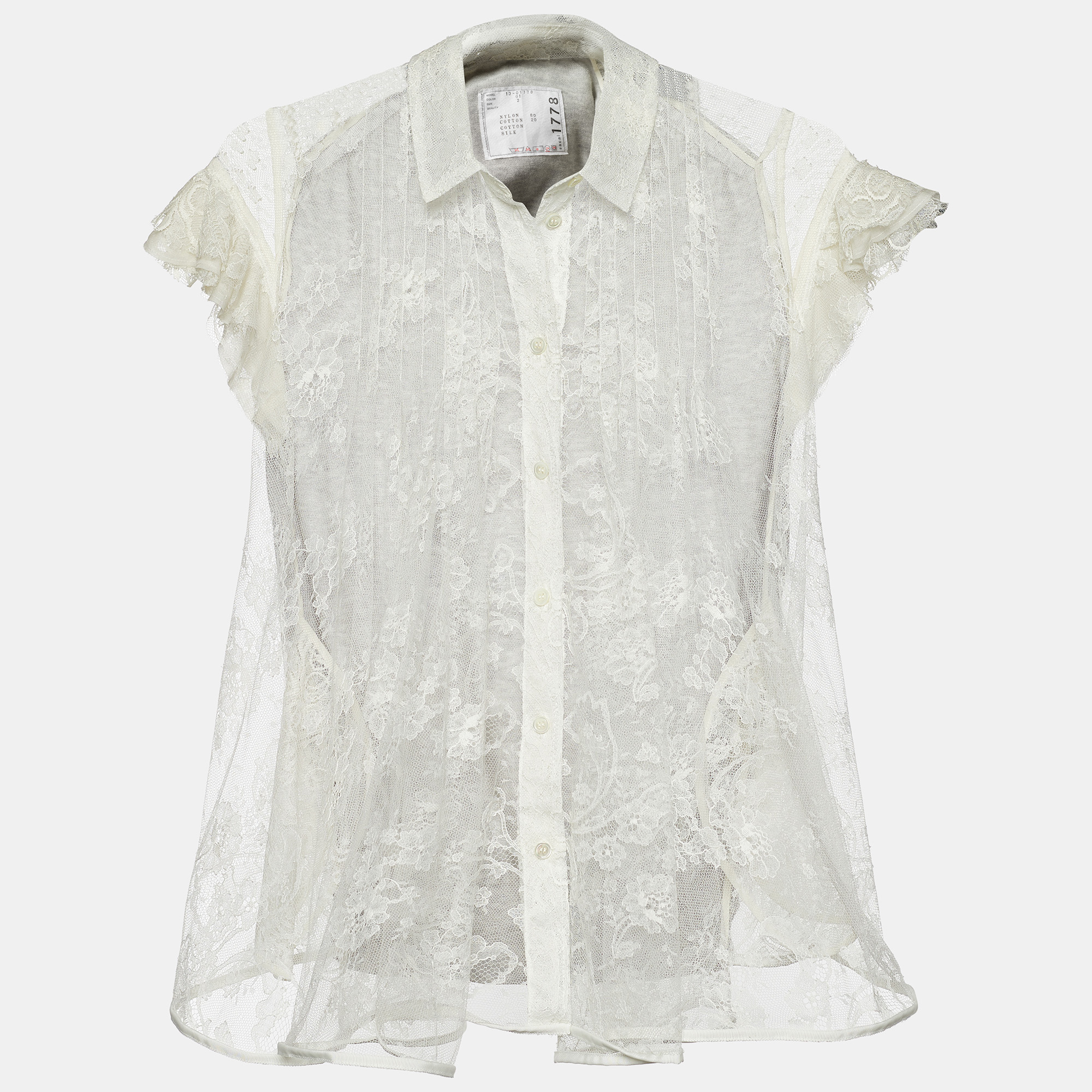 Pre-owned Sacai White Lace & Cotton Paneled Button Front Top S