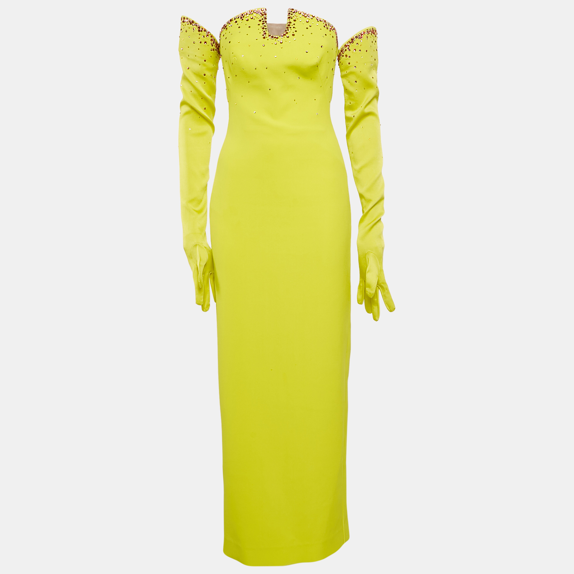 

Safiyaa Lime Green Rhinestone Crepe Strapless Gown With Gloves S