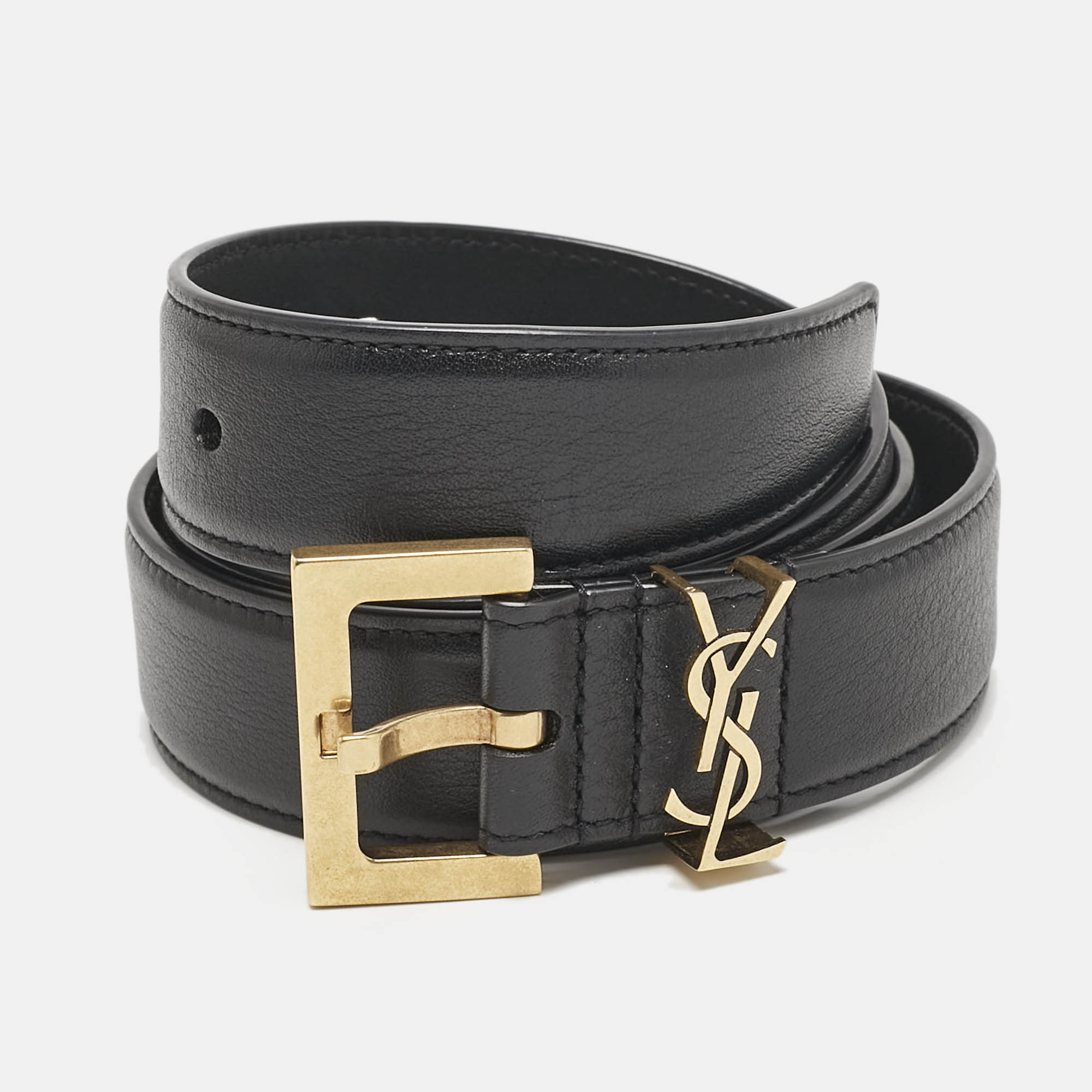 

Saint Laurent Black Leather Cassandre Buckle Belt 80CM