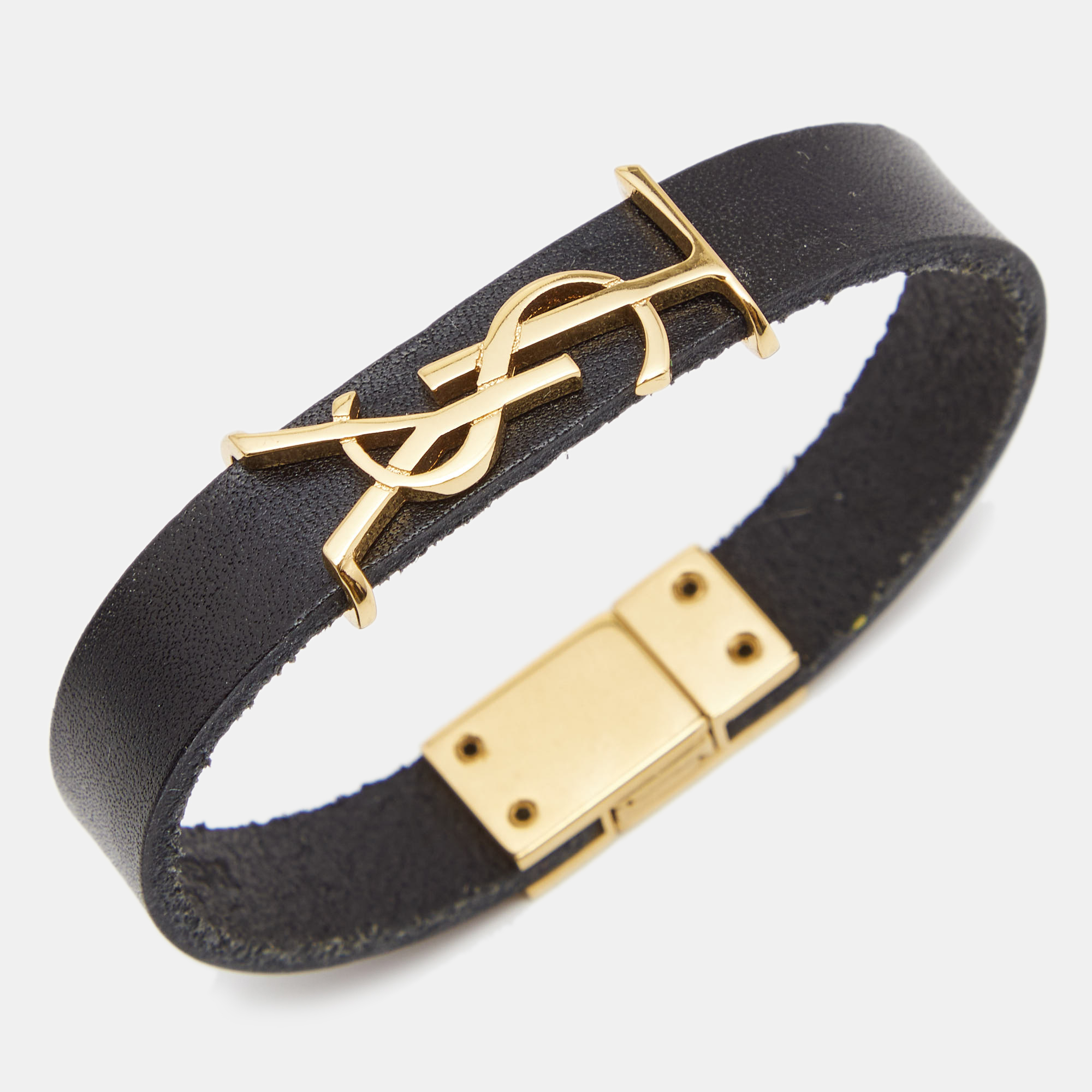 

Saint Laurent YSL Black Leather Gold Tone Bracelet