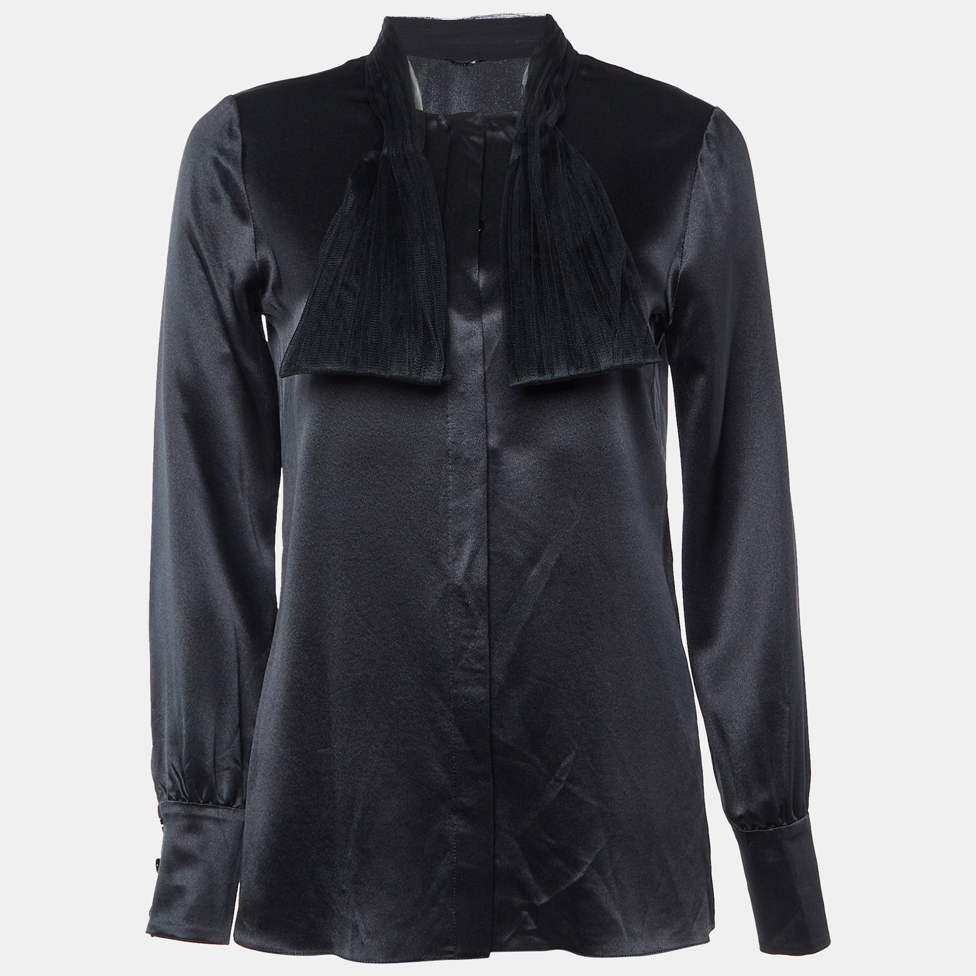 

Saint Laurent Black Satin Silk Neck Detail Shirt S