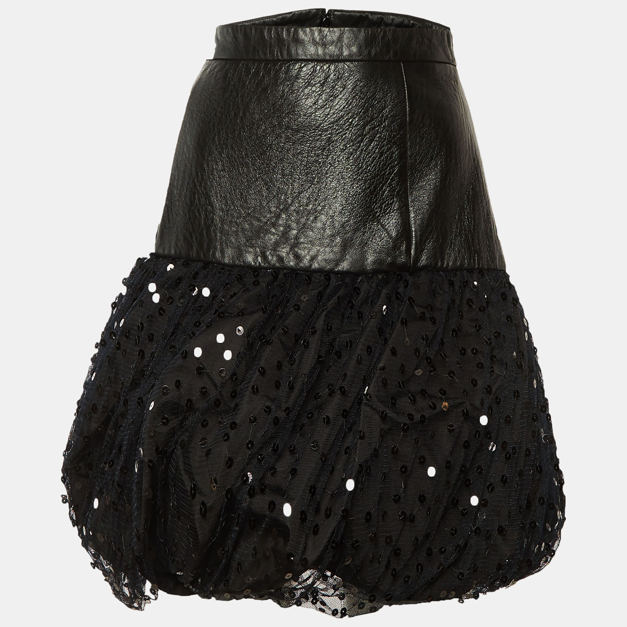 

Saint Laurent Black Leather & Sequin Tulle Mini Skirt L