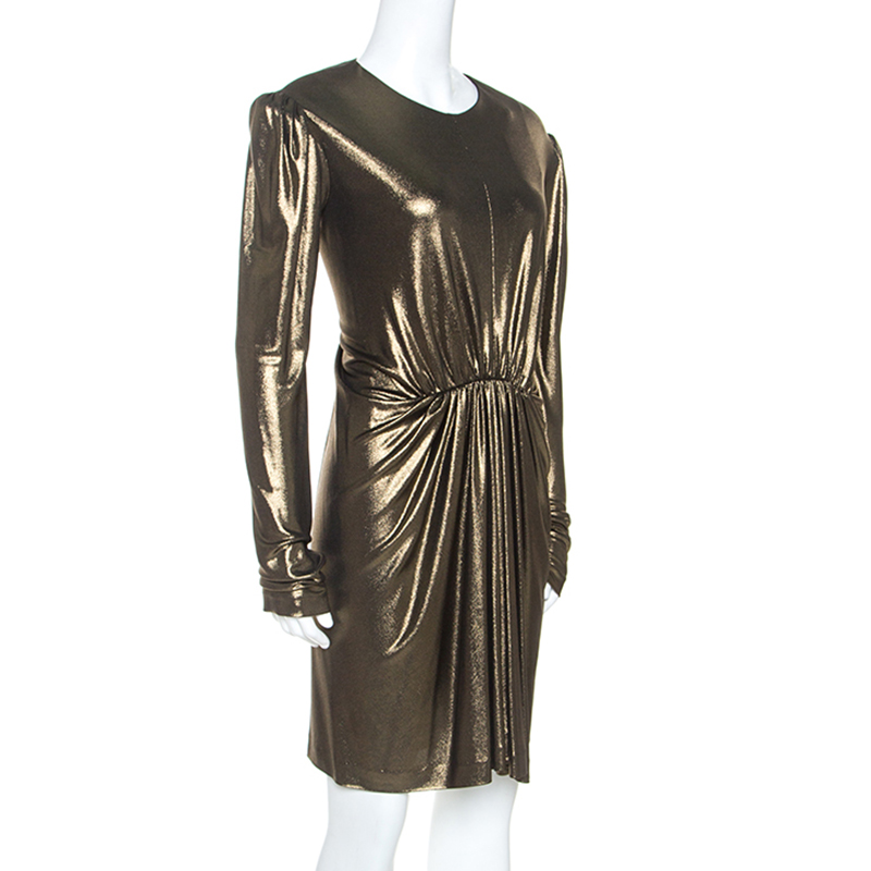 

Saint Laurent Paris Gold Stretch Knit Gathered Waist Detail Dress