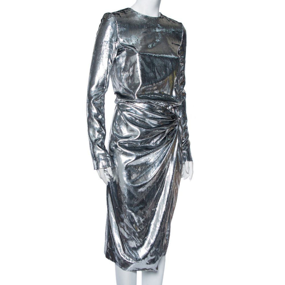 

Saint Laurent Paris Silver Lurex Silk Draped Waist Detail Faux Wrap Dress, Metallic