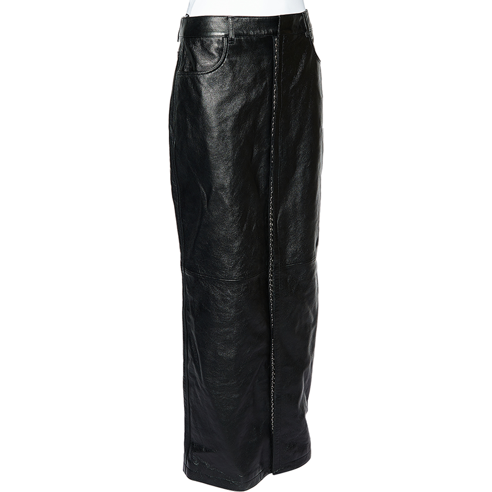 

Saint Laurent Black Leather Snap Button Detail Maxi Skirt