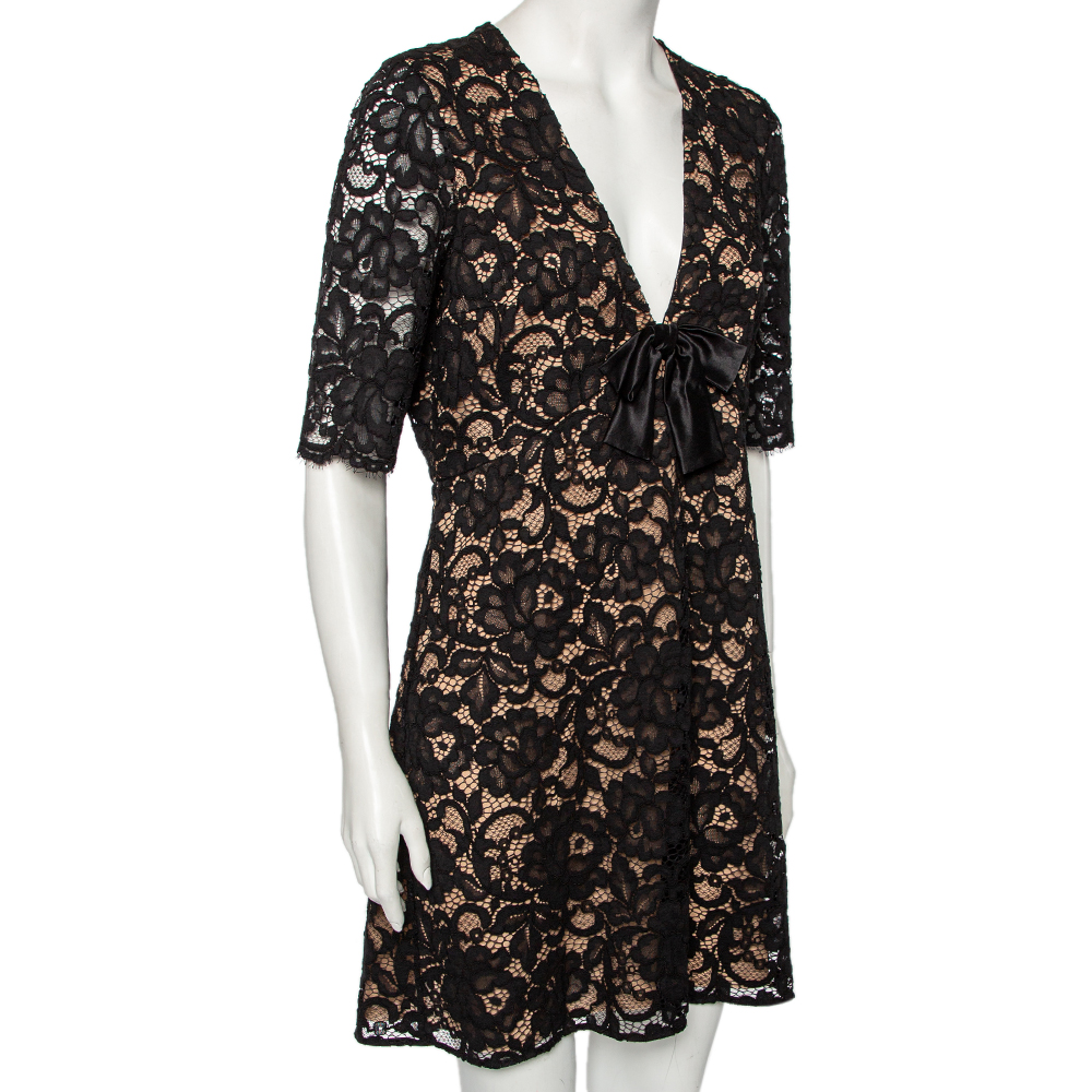 

Saint Laurent Black Floral Lace & Silk Bow Detail V-Neck Dress