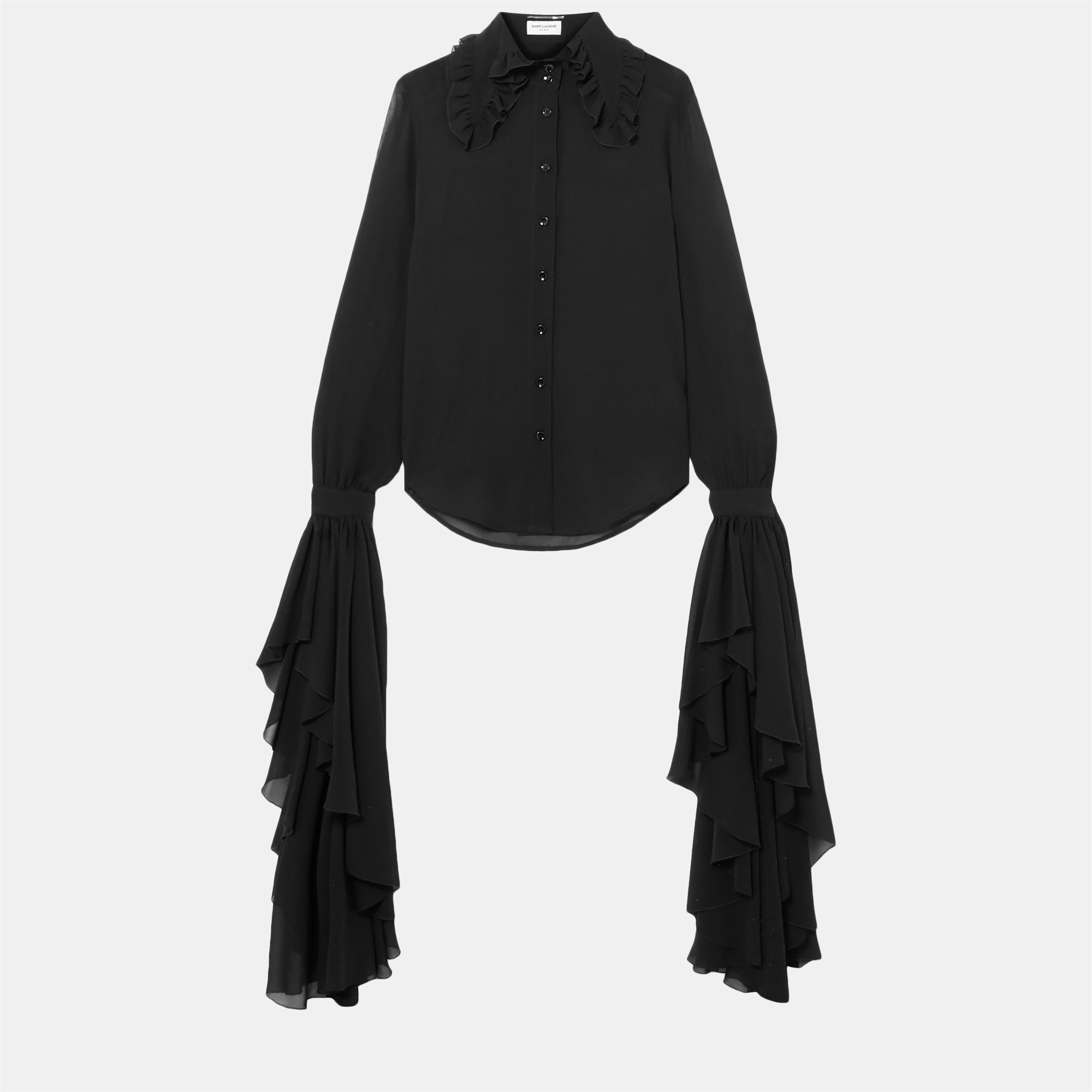 Pre-owned Saint Laurent Black Silk Ruffled Sleeve Blouse S (fr 34)
