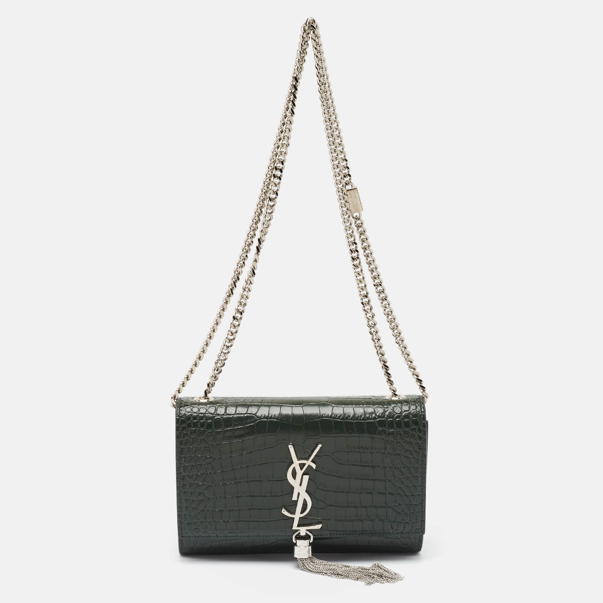 

Saint Laurent Green Croc Embossed Leather New Small Kate Wallet on Chain