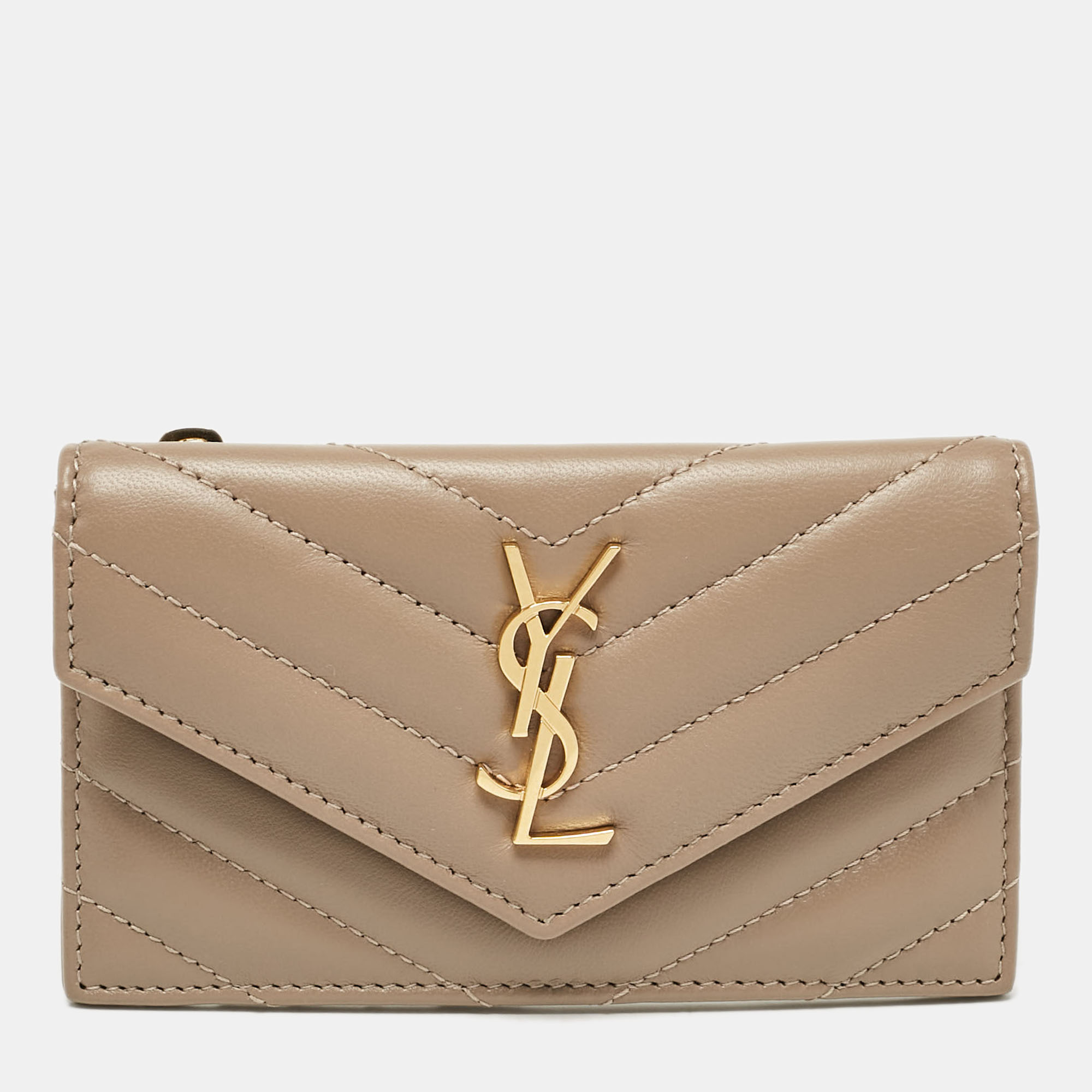 

Saint Laurent Beige Matelassé Leather Cassandre Zip Card Case