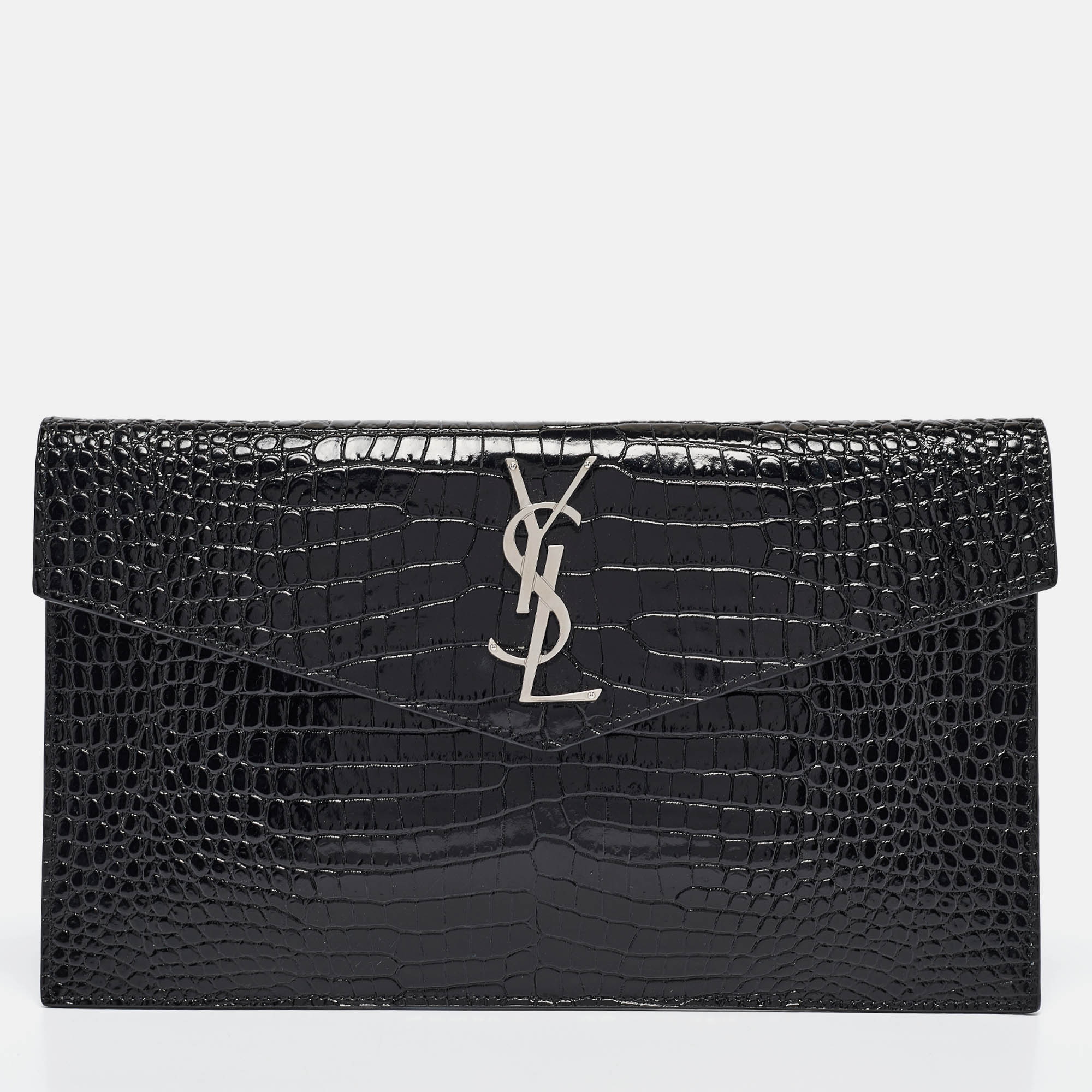 

Saint Laurent Black Croc Embossed Leather Uptown Clutch