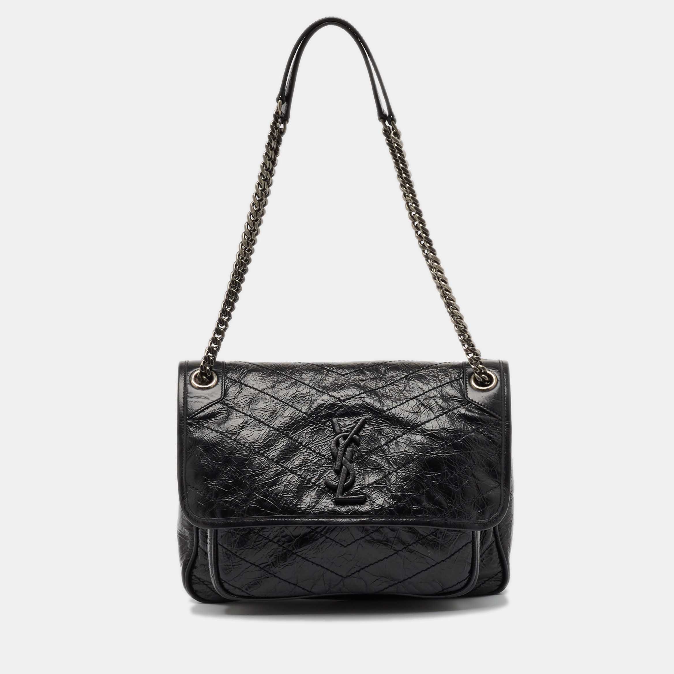 Pre-owned Saint Laurent Black Crinkled Leather Medium Niki Shoulder Bag