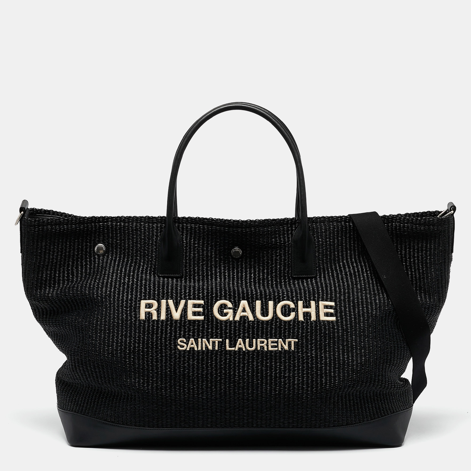 

Saint Laurent Black Raffia Rive Gauche Logo Oversized Tote