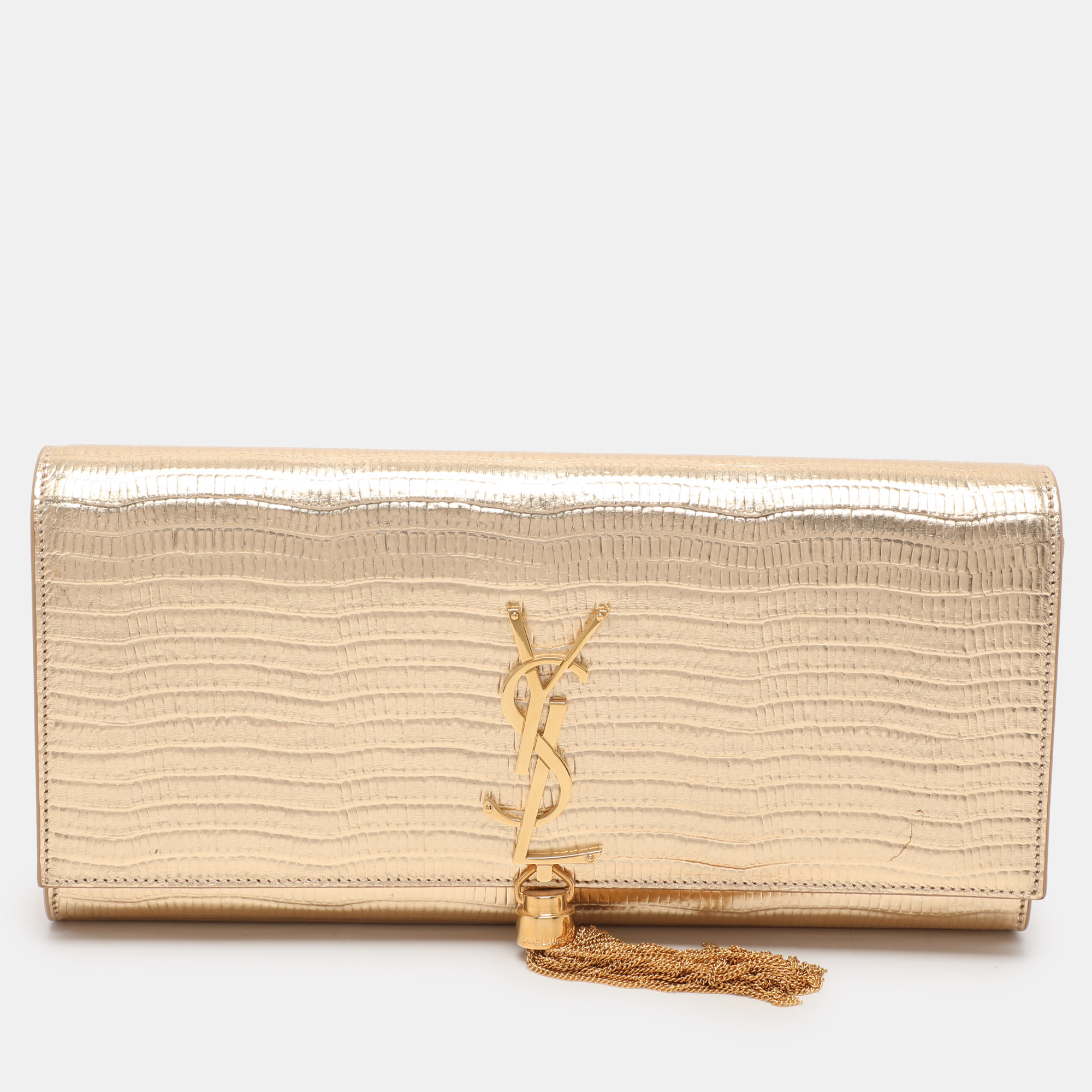 

Saint Laurent Gold Lizard Embossed Leather Monogram Kate Tassel Clutch