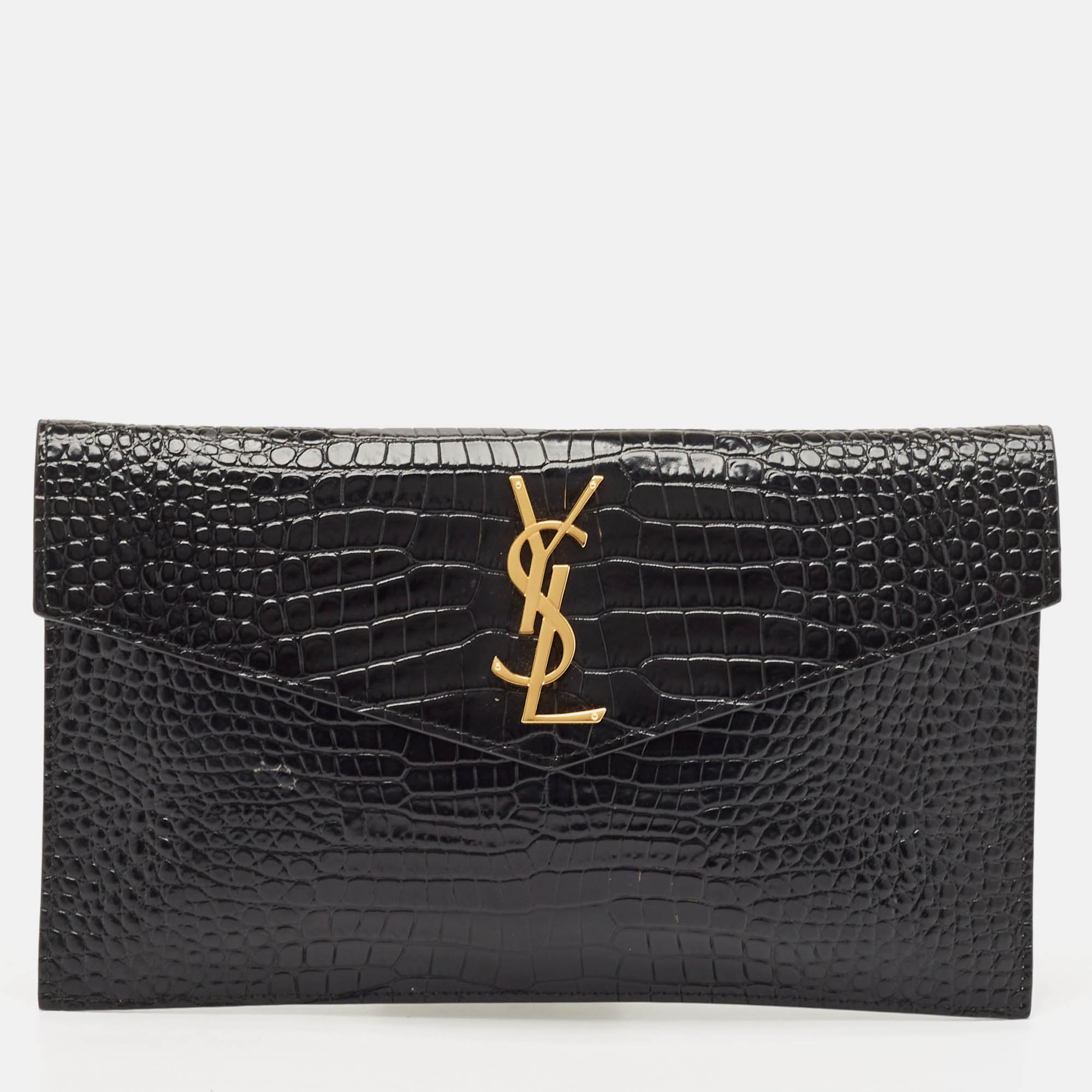 

Saint Laurent Black Croc Embossed Leather Uptown Envelope Clutch