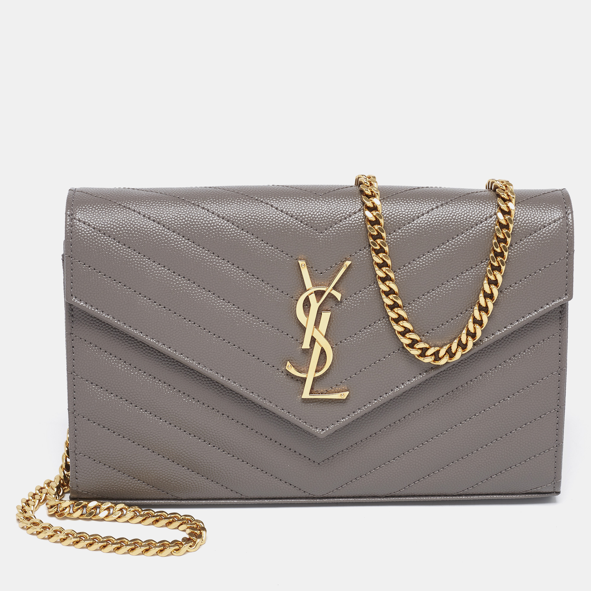 

Saint Laurent Grey Matelassé Leather Monogram Envelope Wallet on Chain