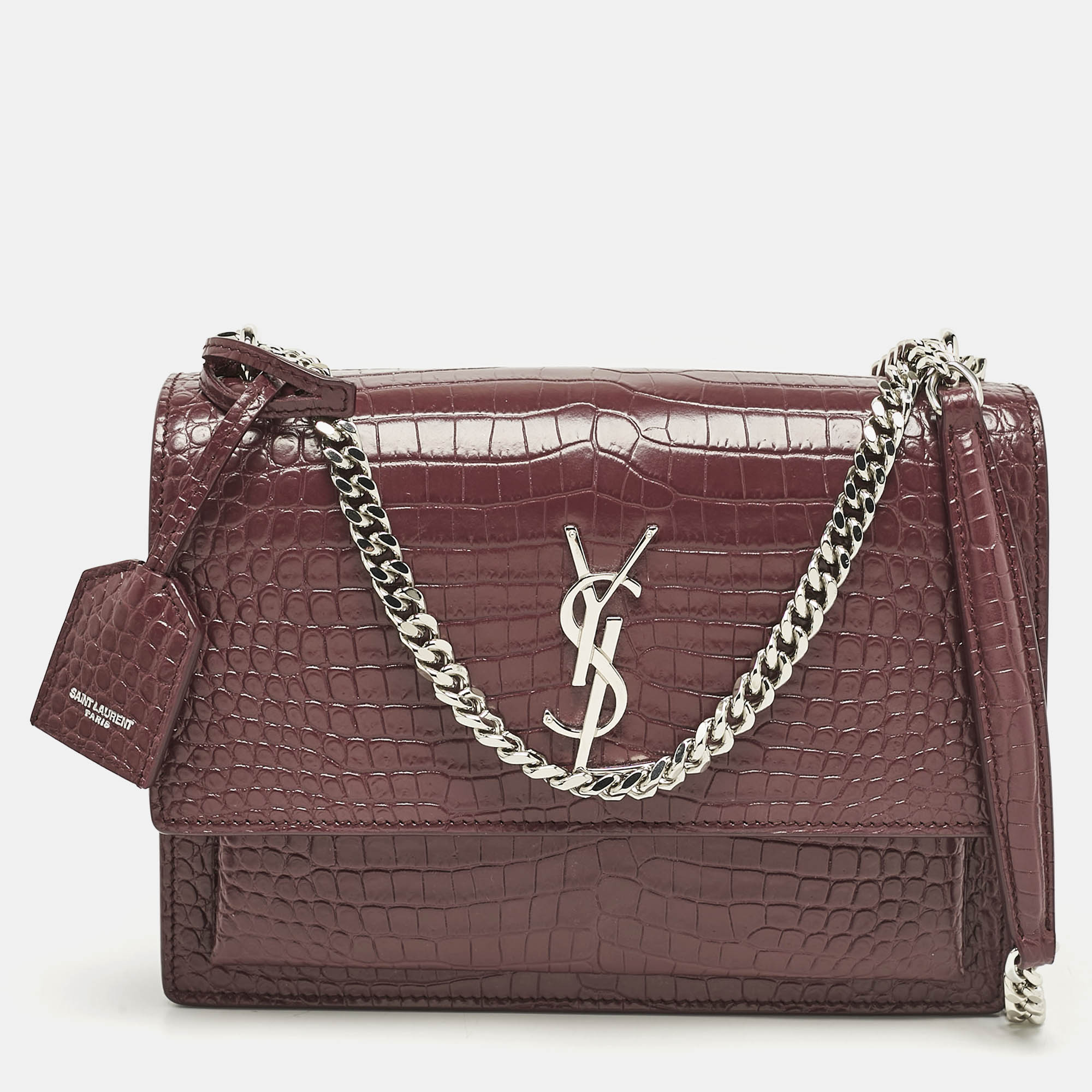 

Saint Laurent Burgundy Croc Embossed Leather  Sunset Shoulder Bag